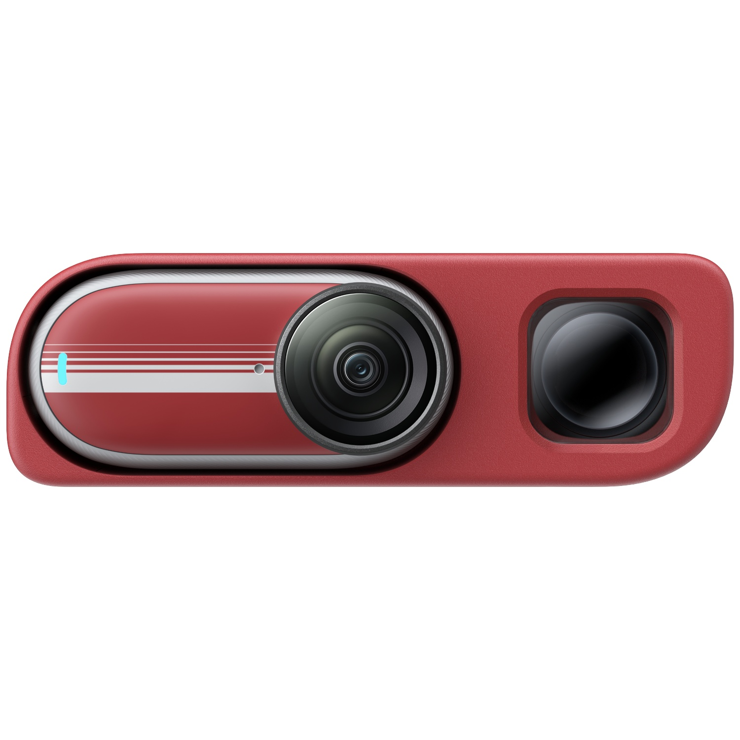 Red electronic device with two camera lenses against a white background.