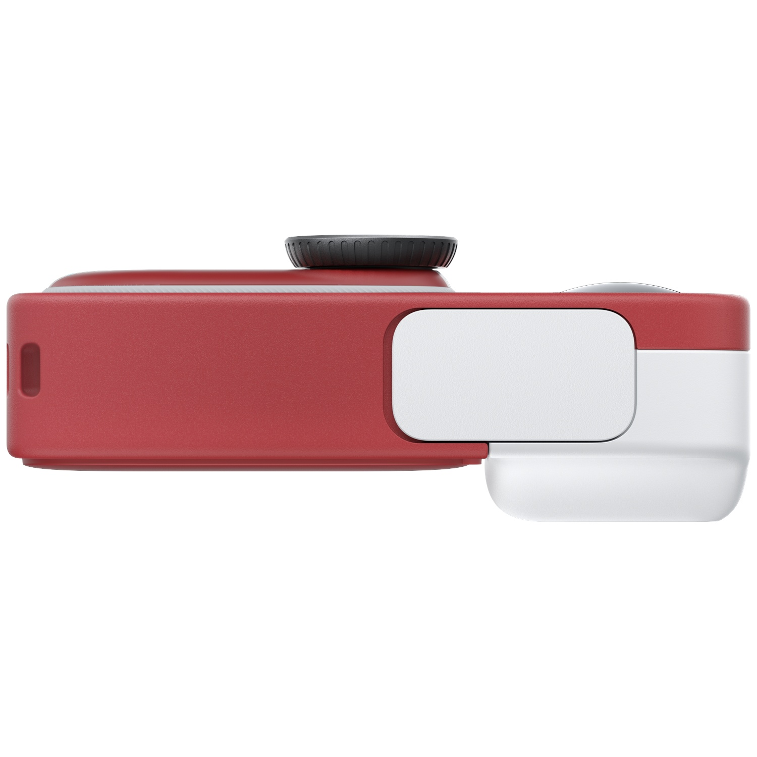 A red and white device with a black dial on a white background.