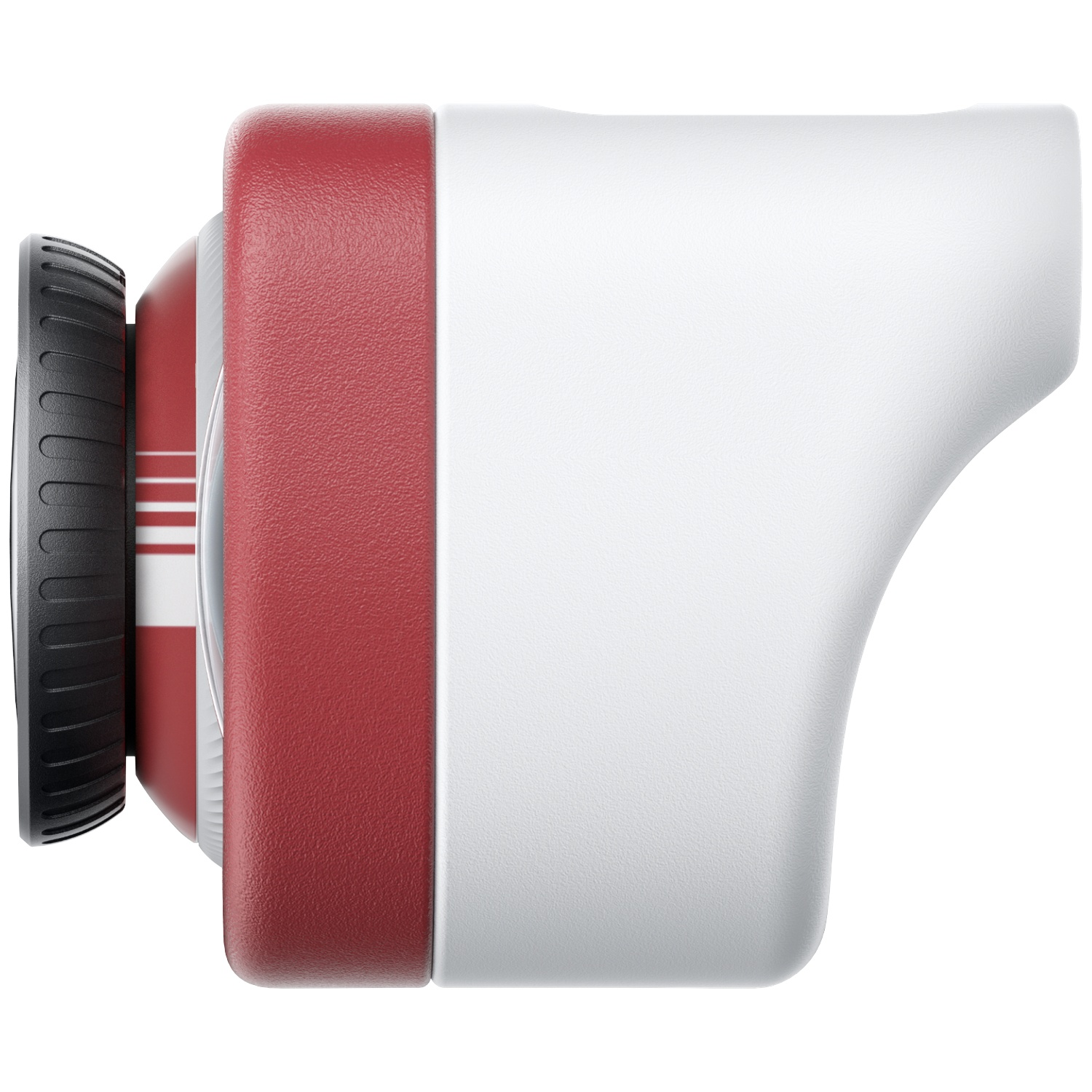 A side view of a white and red medical handheld device with a black dial.