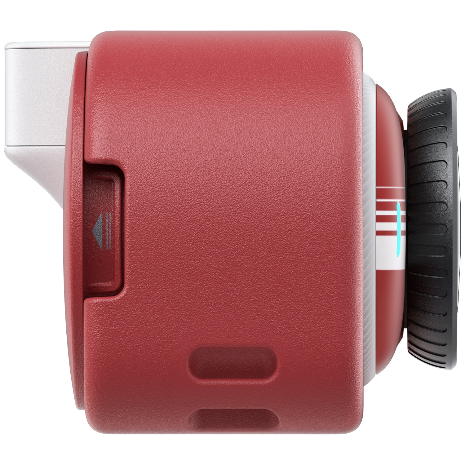 Side view of a red, boxy device with a white attachment, black rims, and a blue glowing indicator.