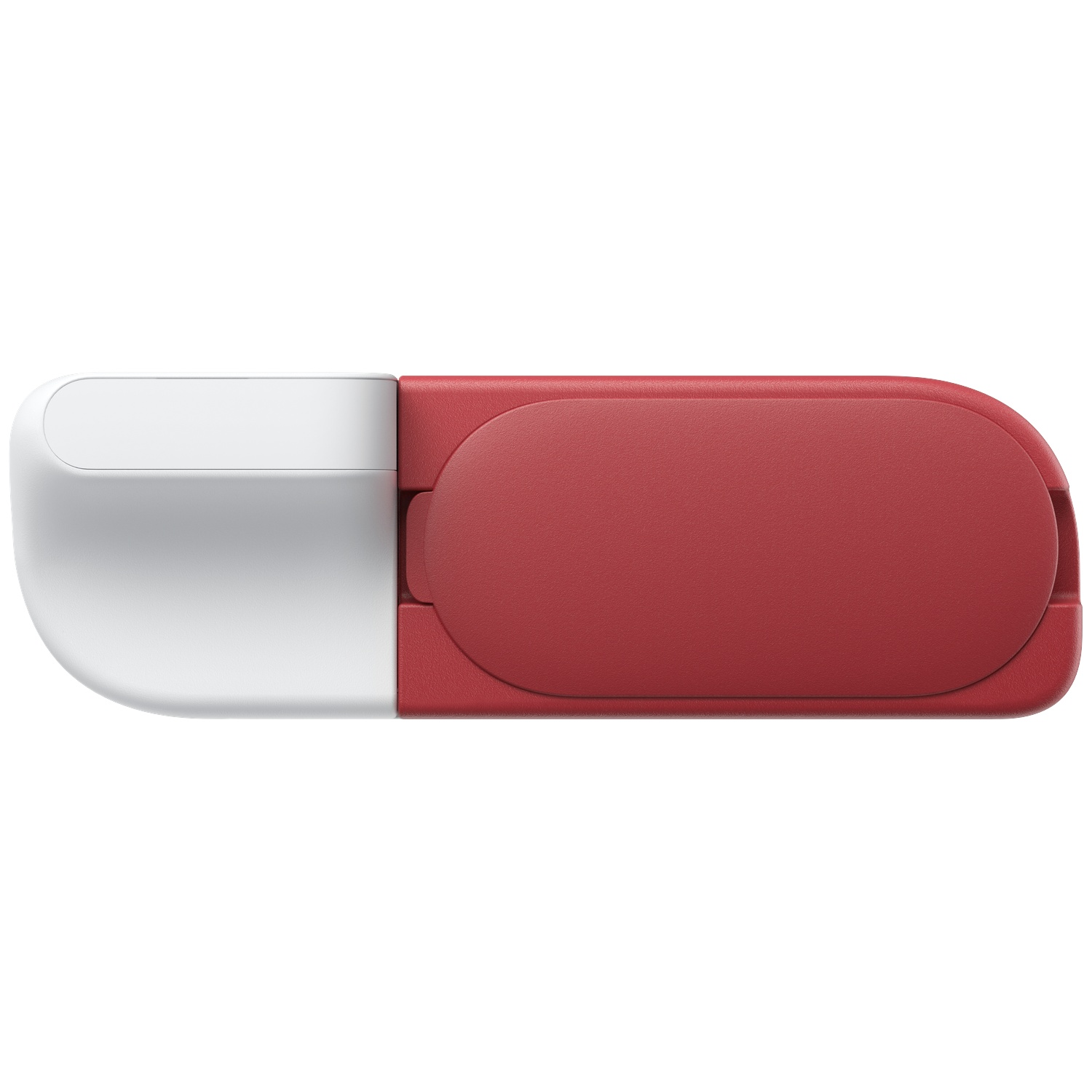 An elongated white and red device isolated on a white background.
