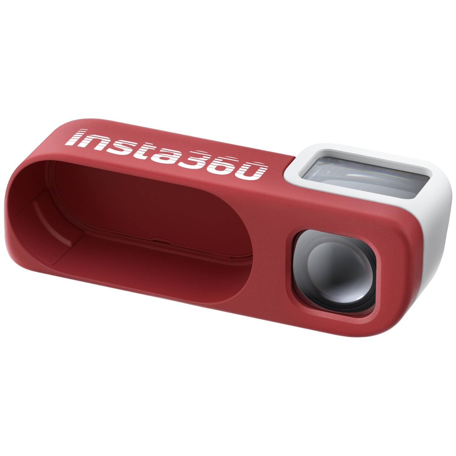 Red Insta360 camera with a white housing on a white background.