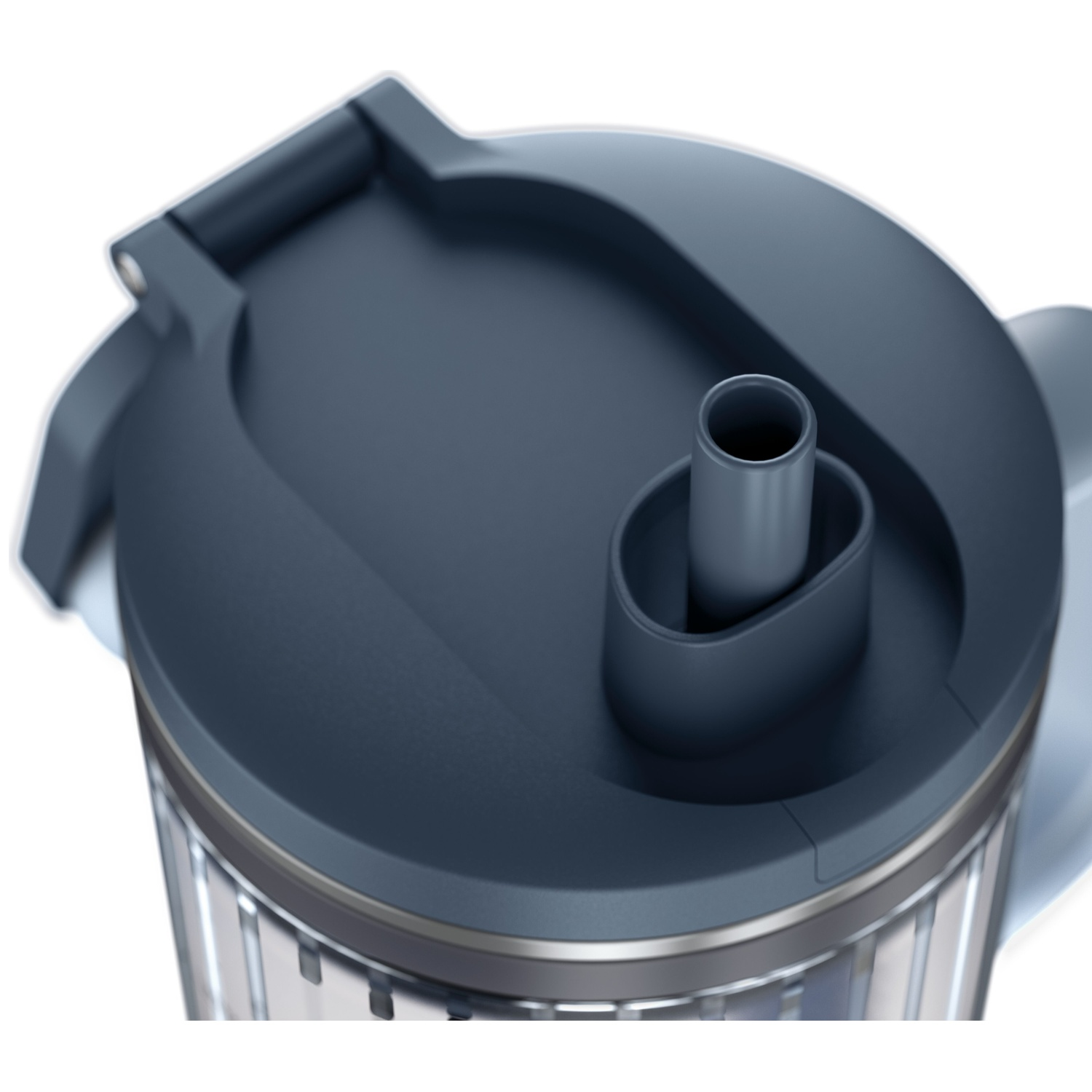 Couvercle bleu foncé d'une gourde avec paille intégrée sur fond blanc.