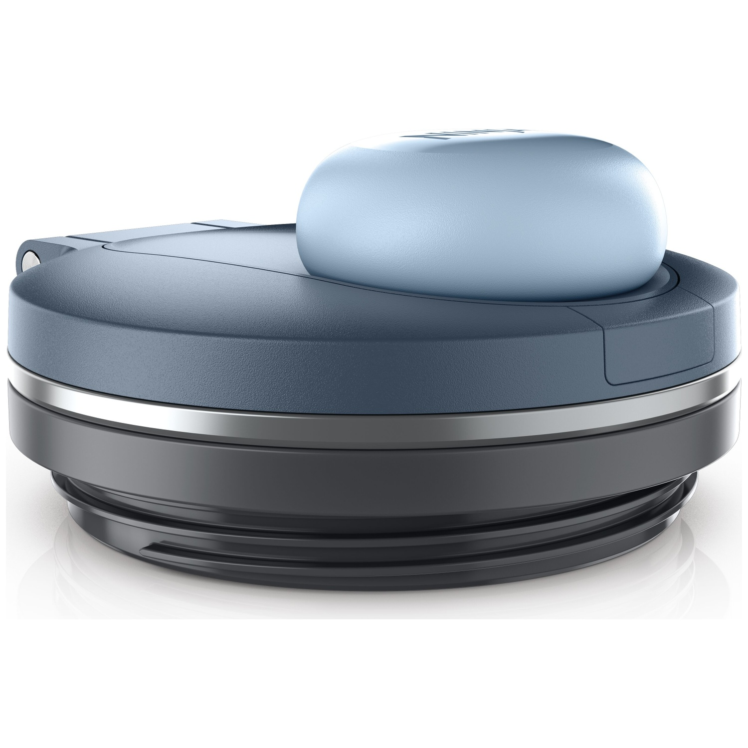 Un bouchon de thermos rond, bleu et gris, avec un bouton-poussoir bleu clair sur le dessus.