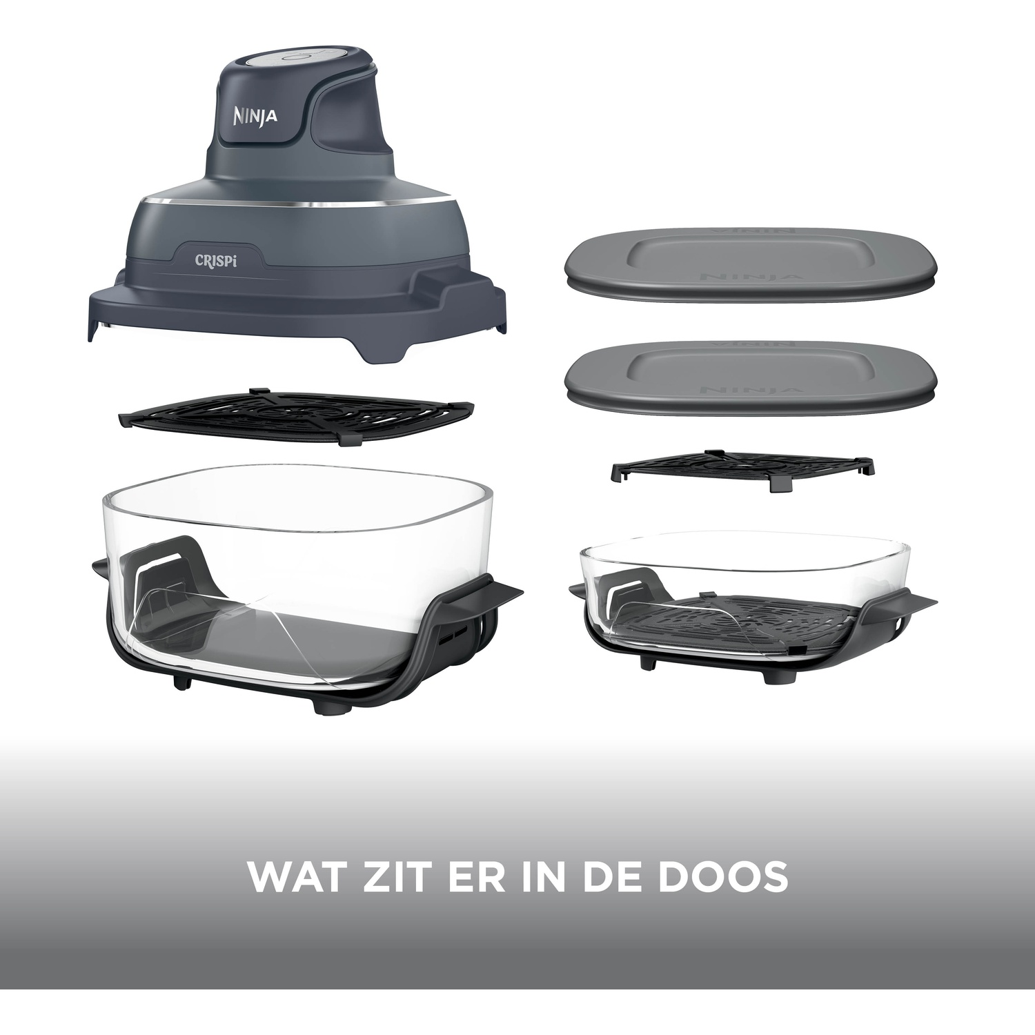 Ninja appliance parts shown laid out: gray motor base, two glass bowls, lids, and black racks against white.