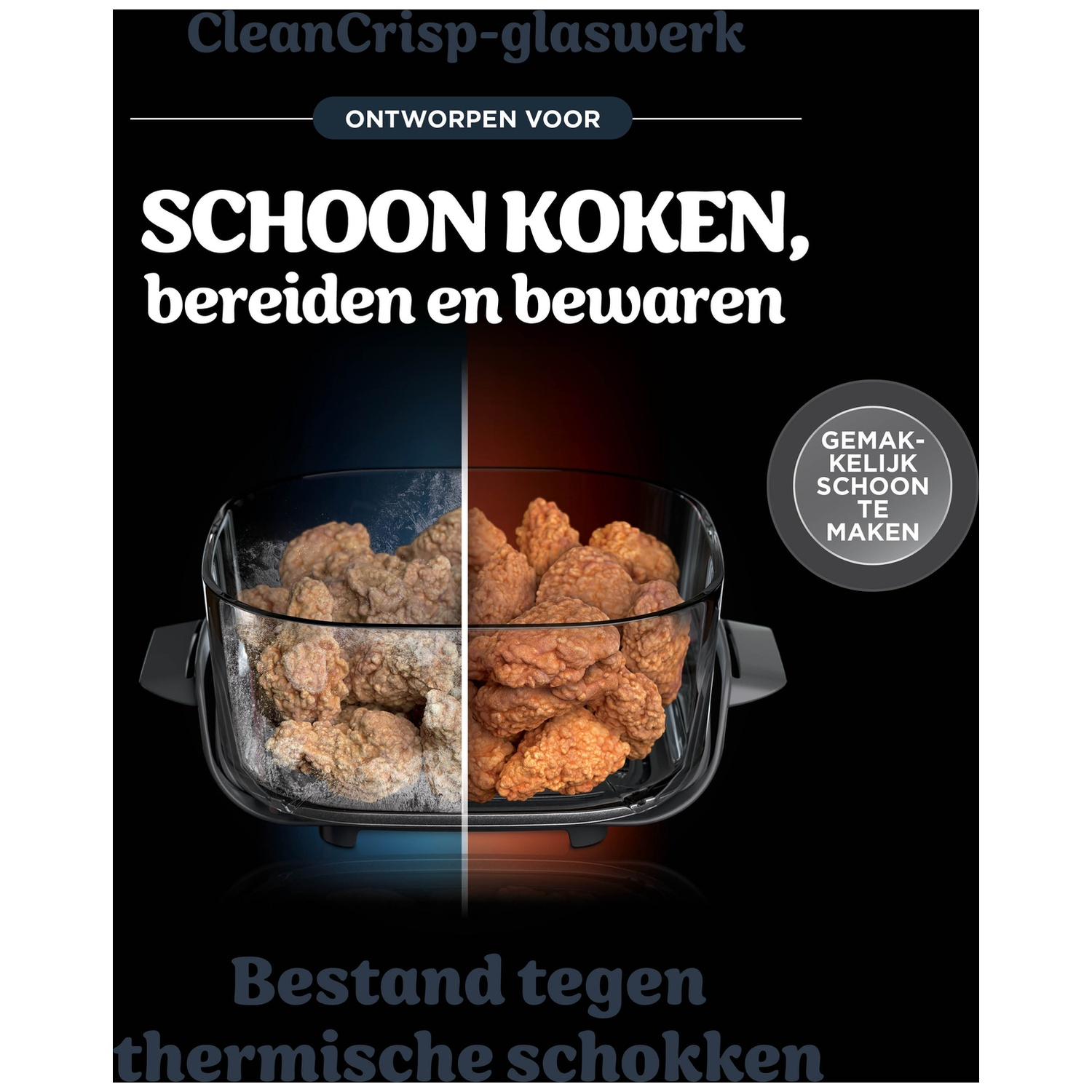 Advertisement for glass cookware showing frozen chicken on the left and cooked chicken on the right.
