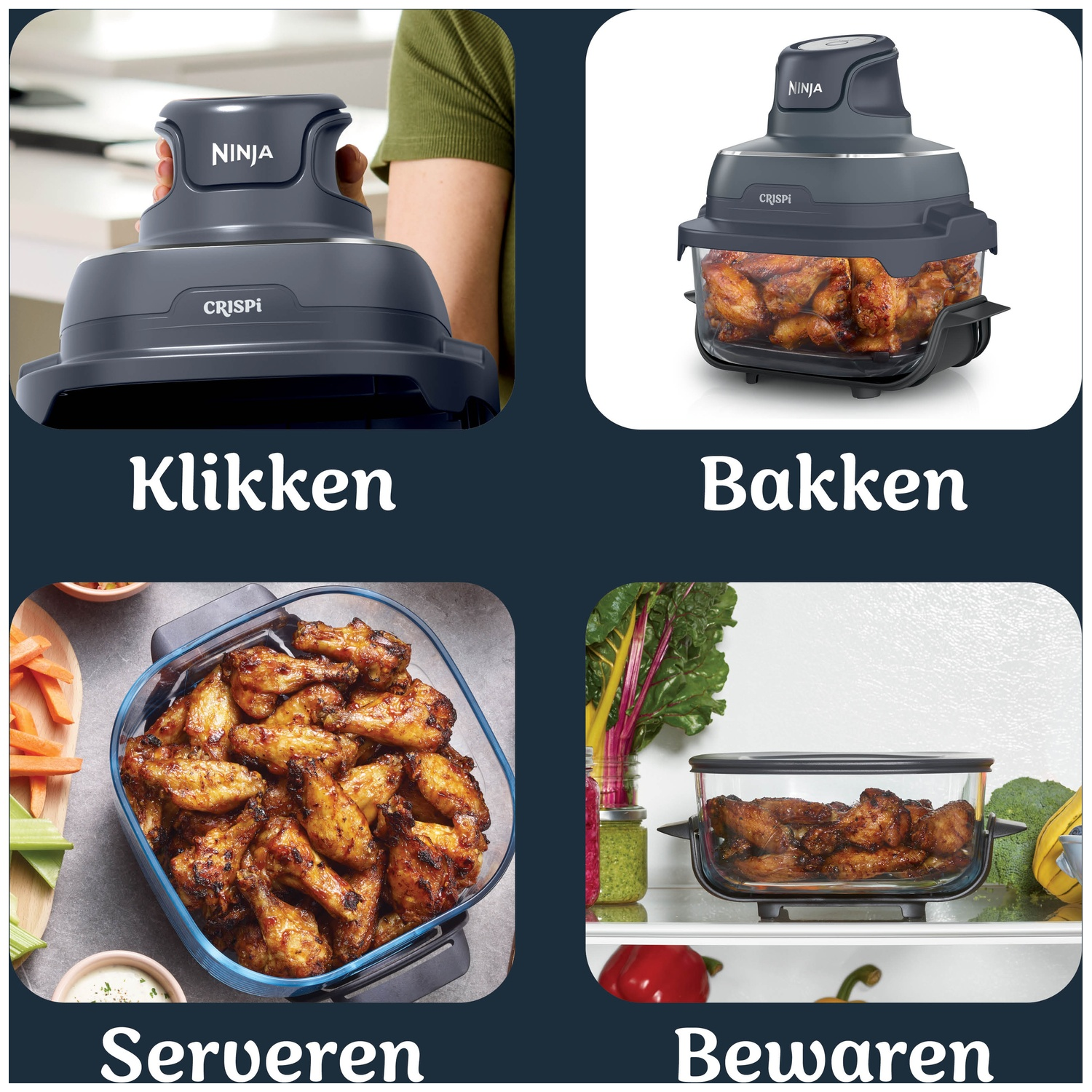 Four panels show clicking, baking, serving, and storing chicken wings with a Ninja Crispi.