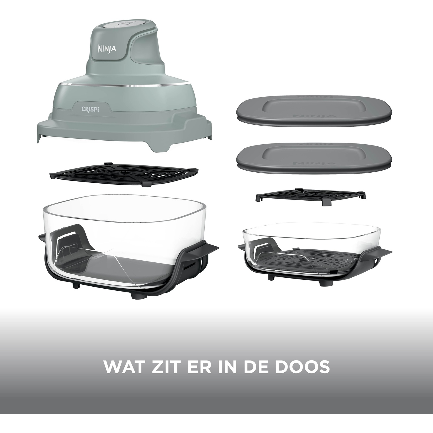Ninja Crispi appliance with glass dishes, lids, and racks. Below is text reading Wat zit er in de doos.