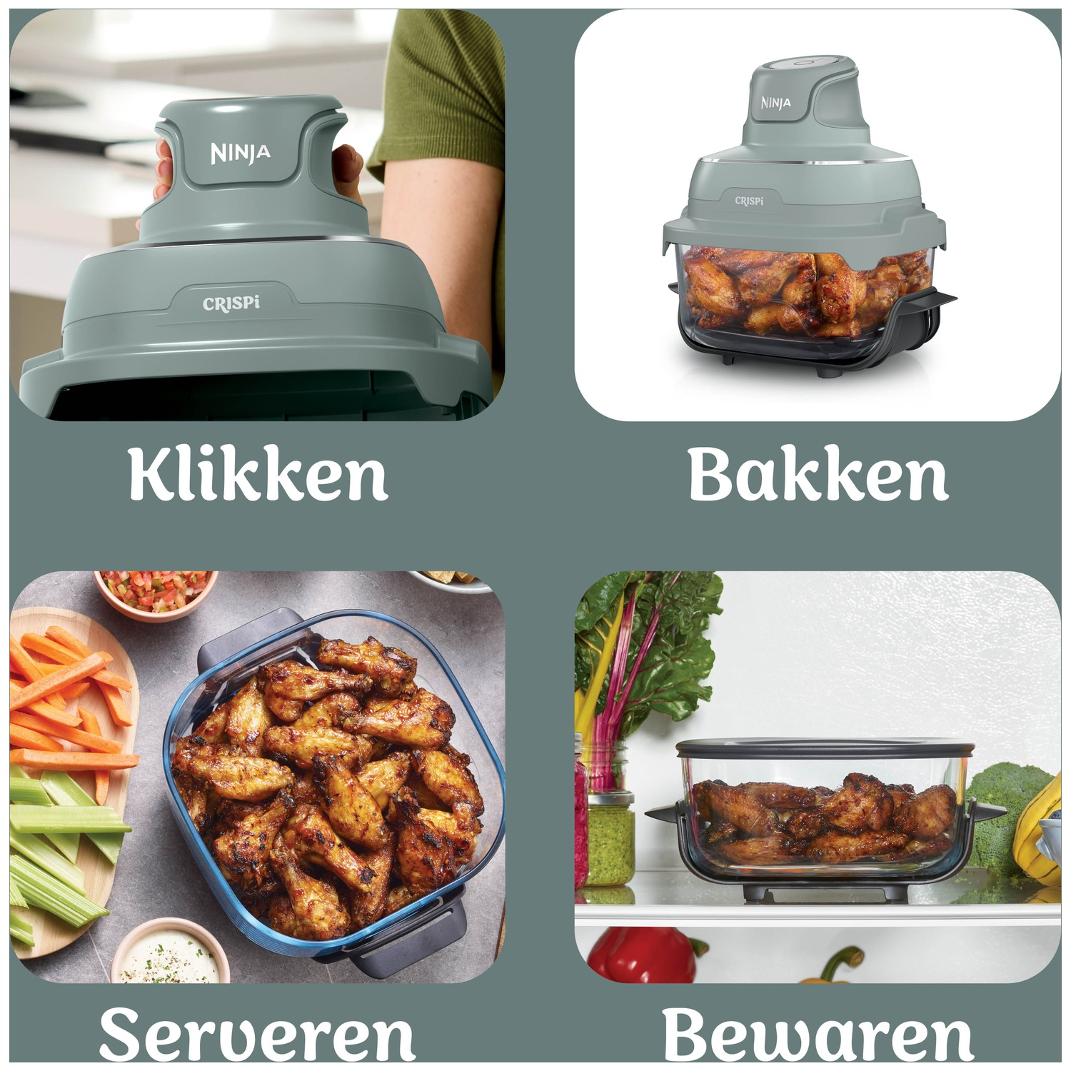 Four panels show using the Ninja CrisPi: Clicking, Baking, Serving, Storing.