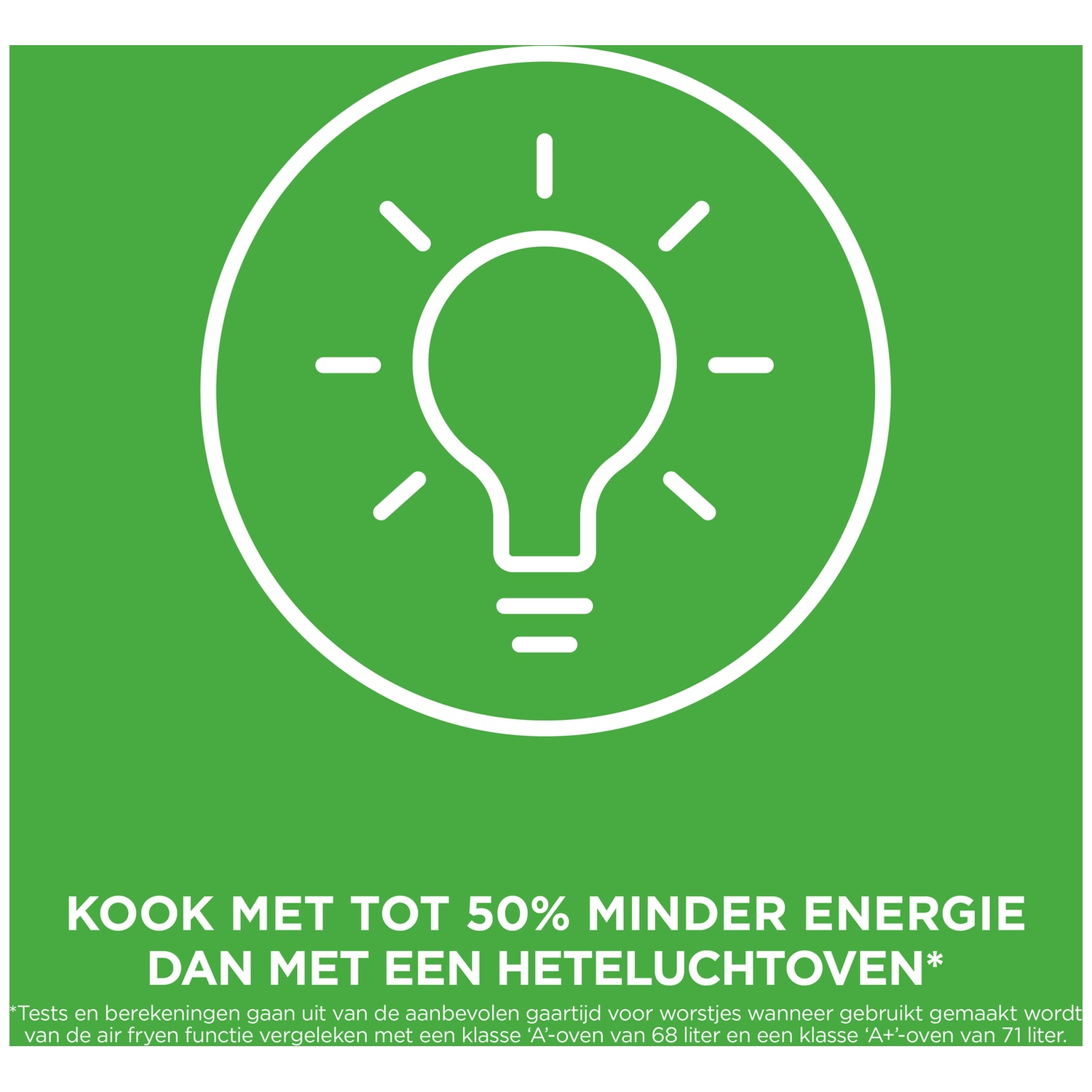 Green banner with white lightbulb icon and text about energy savings.
