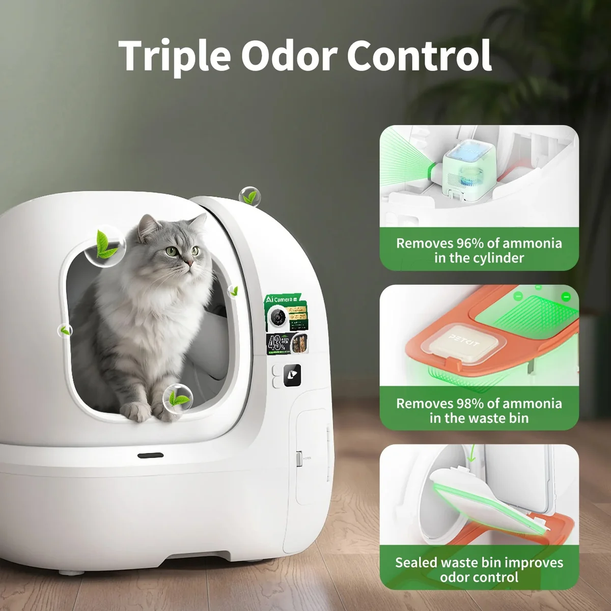 Un chat gris dans une litière automatique blanche moderne avec contrôle des odeurs et infographies.