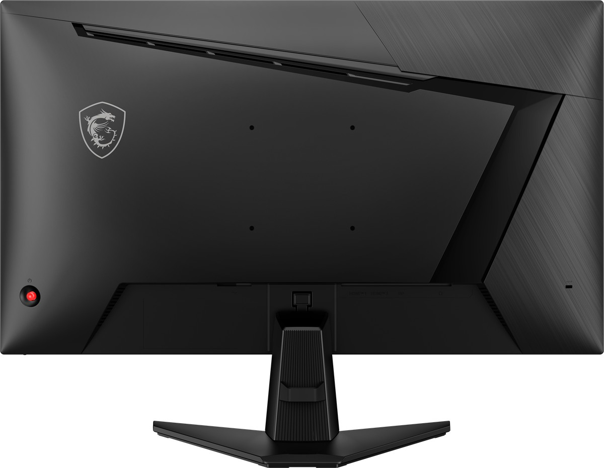 VESA montaj delikleri, kırmızı joystick düğmesi ve sağlam ayak tabanına sahip siyah bir MSI oyuncu monitörünün arkası.