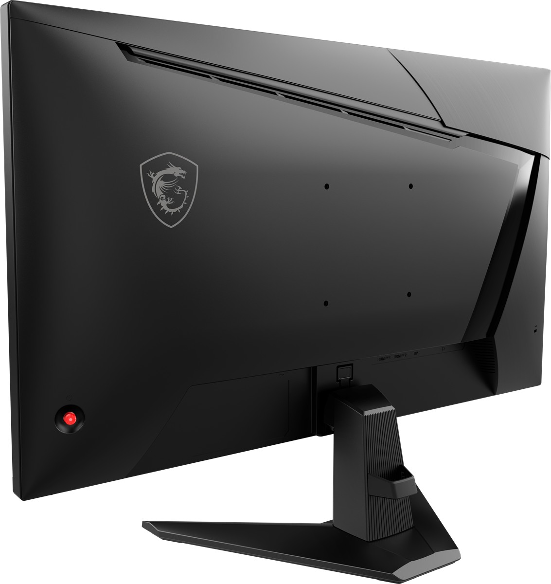 Standı ve kırmızı güç düğmesi olan siyah bir MSI oyun monitörünün arkası.