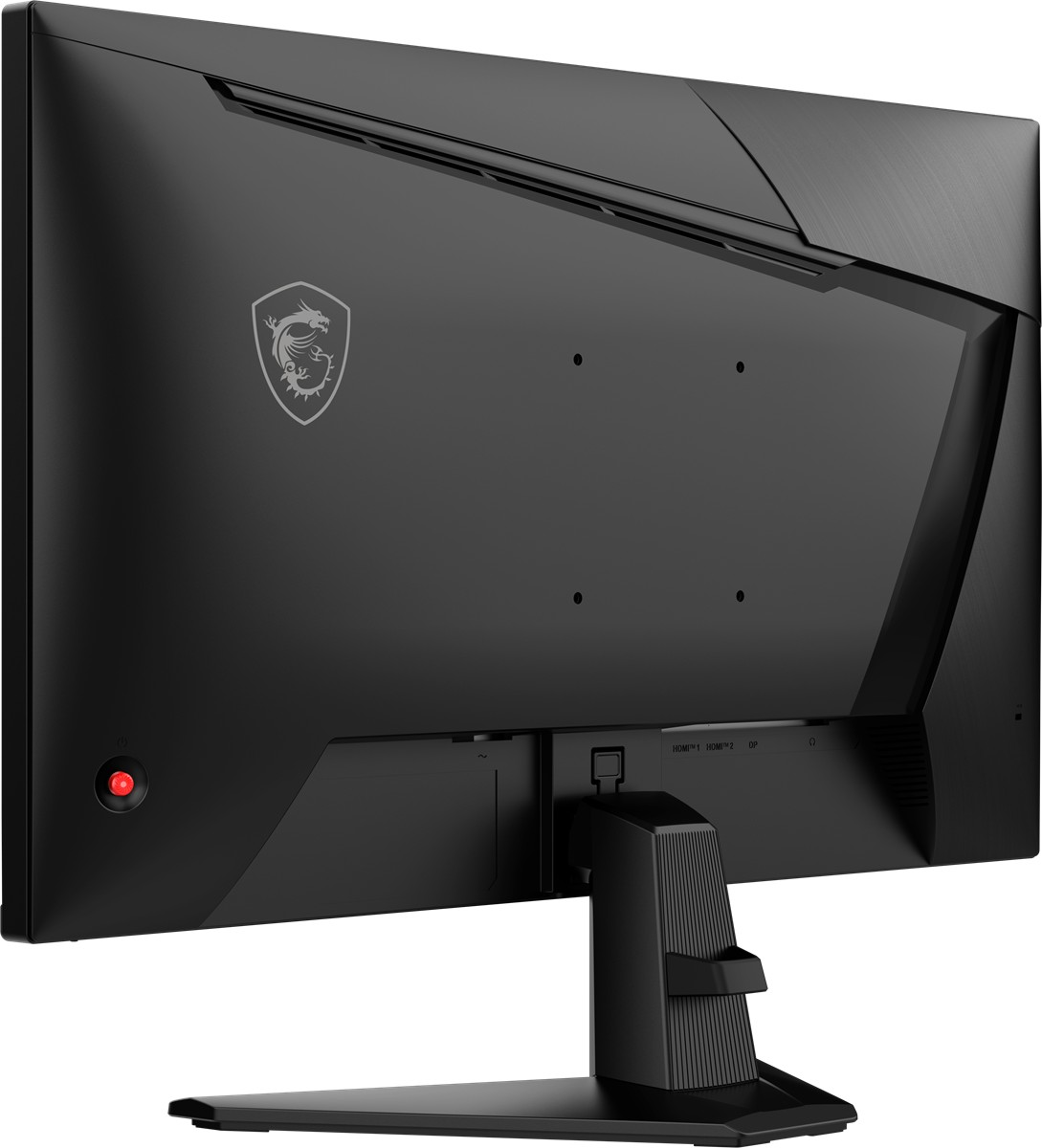 Ejderha logolu, VESA montaj delikli ve kırmızı güç düğmeli siyah bir MSI monitörün arka görünümü.