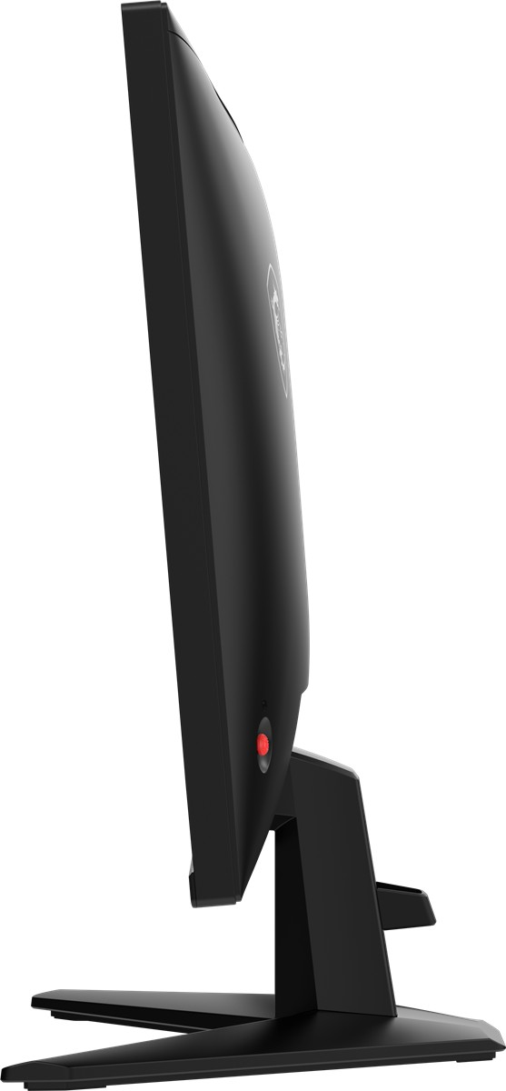 Kırmızı joystick düğmeli siyah kavisli monitörün yandan görünümü.