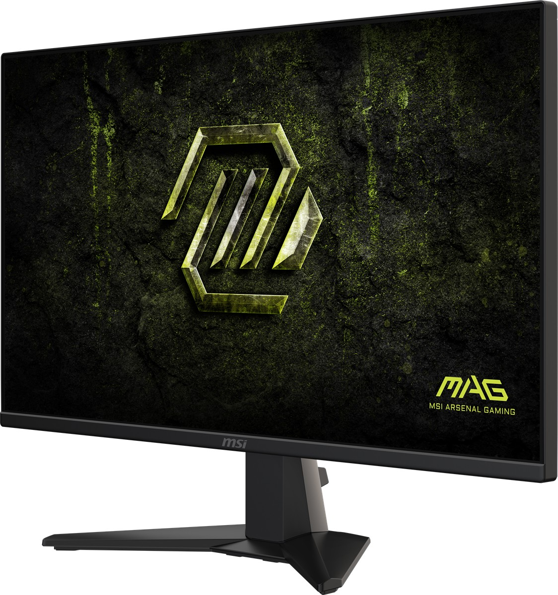 Siyah bir oyun monitörü, taş arka plan üzerinde yeşil bir MSI MAG logosu gösteriyor.