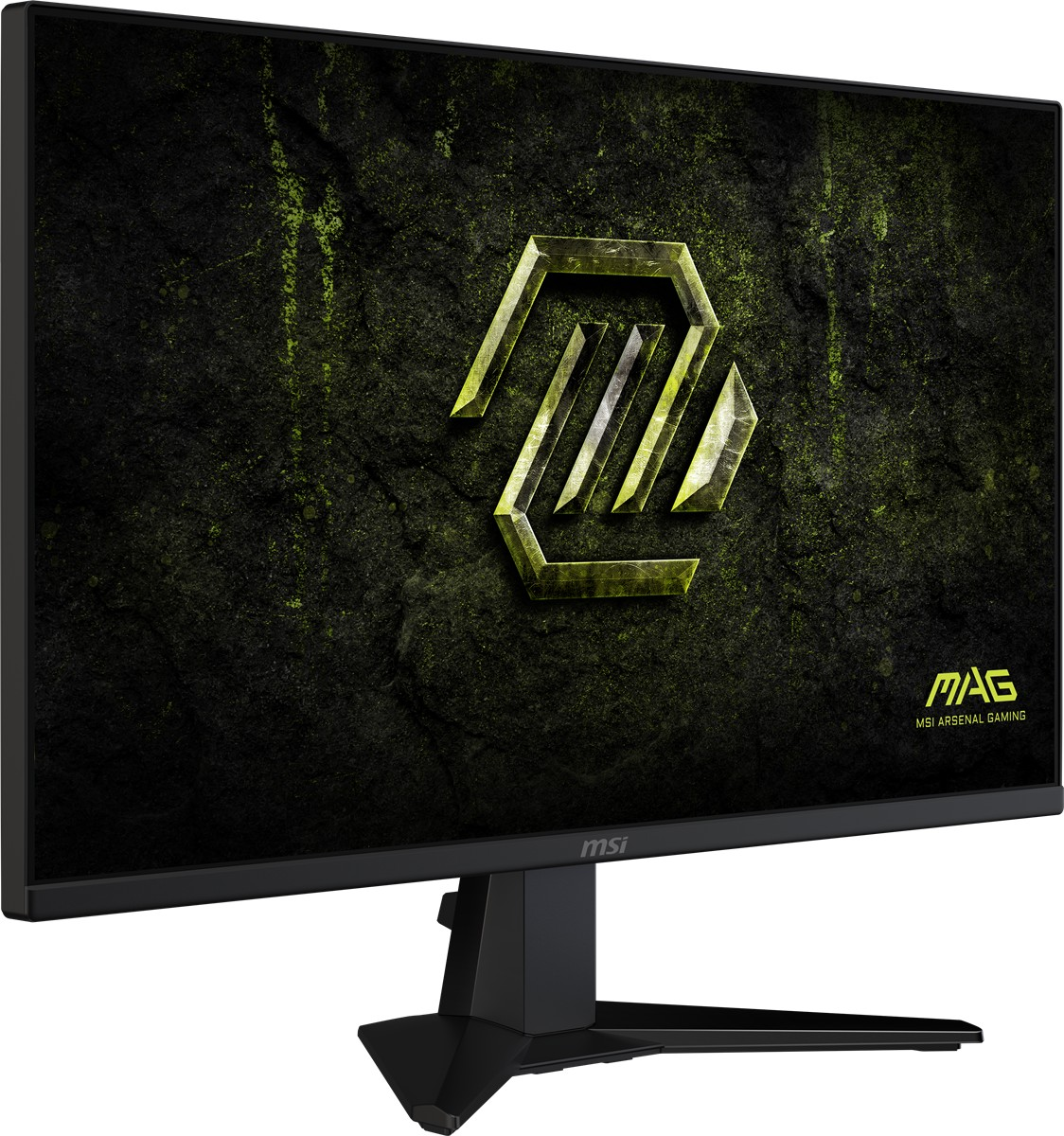 Siyah çerçeveli ve ayaklı bir MSI oyuncu monitörü, ekranda yeşil bir ejderha logosu gösteriyor.
