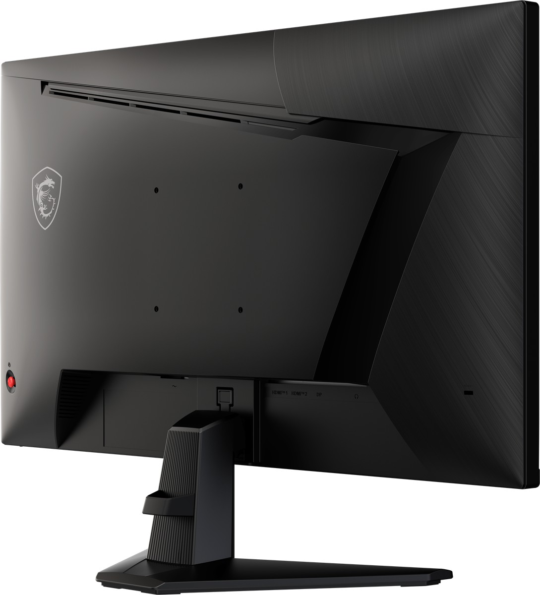 Stand üzerinde siyah bir MSI bilgisayar monitörünün arkadan görünümü, bağlantı noktaları ve logo.