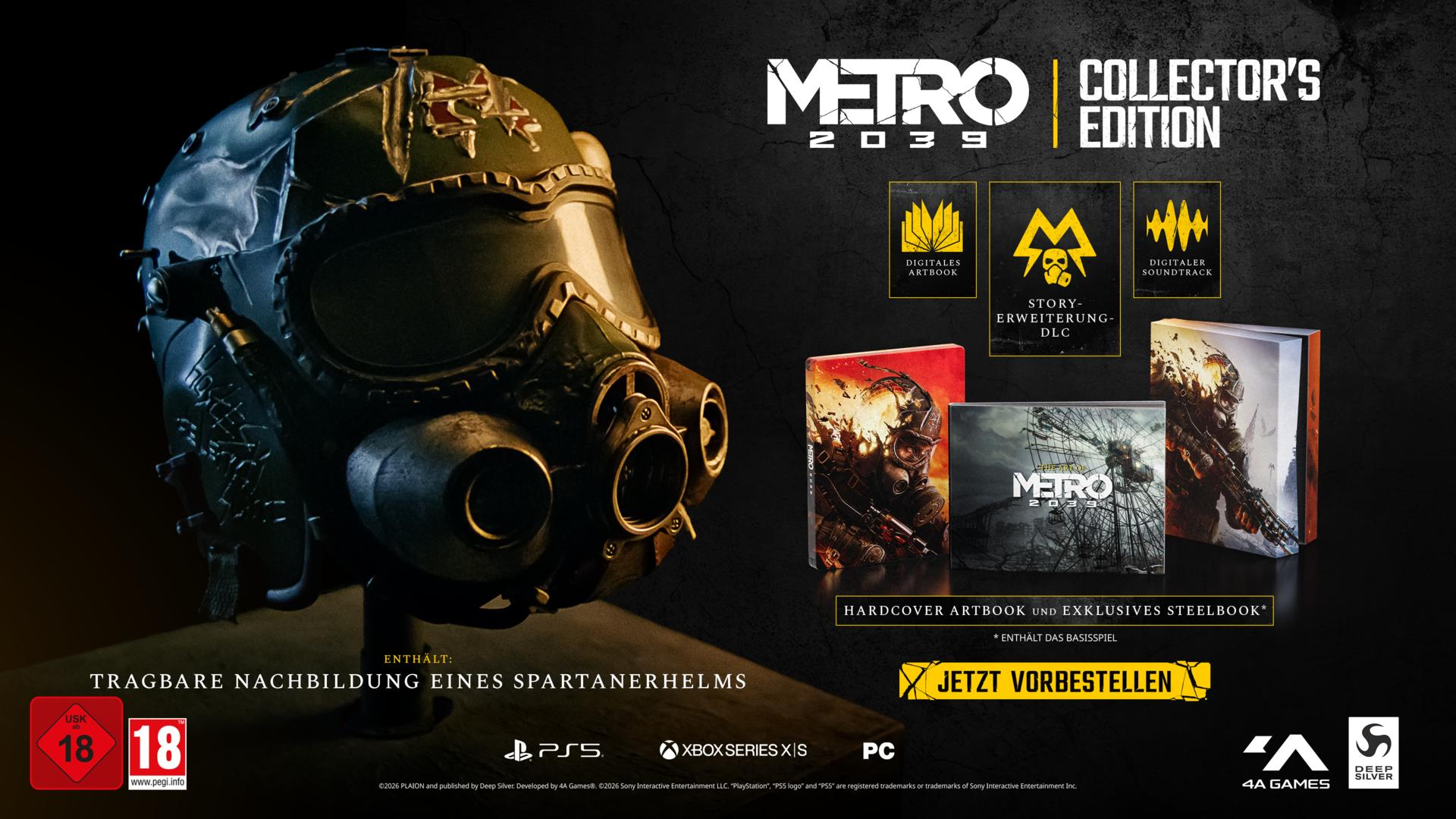 Metro 2039 Sammleredition mit tragbarem Spartanerkopf, Artbook und Steelbook auf grauem Hintergrund.