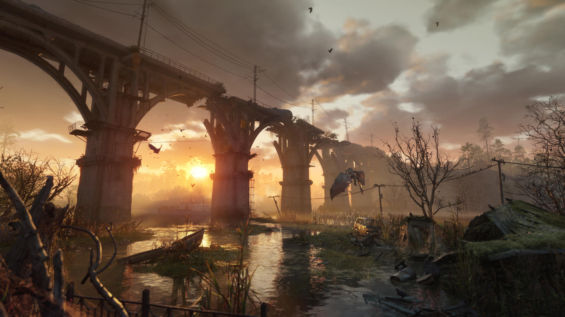 Einstürzende Brücke über einem Fluss bei Sonnenuntergang mit Vögeln und Ruinen.