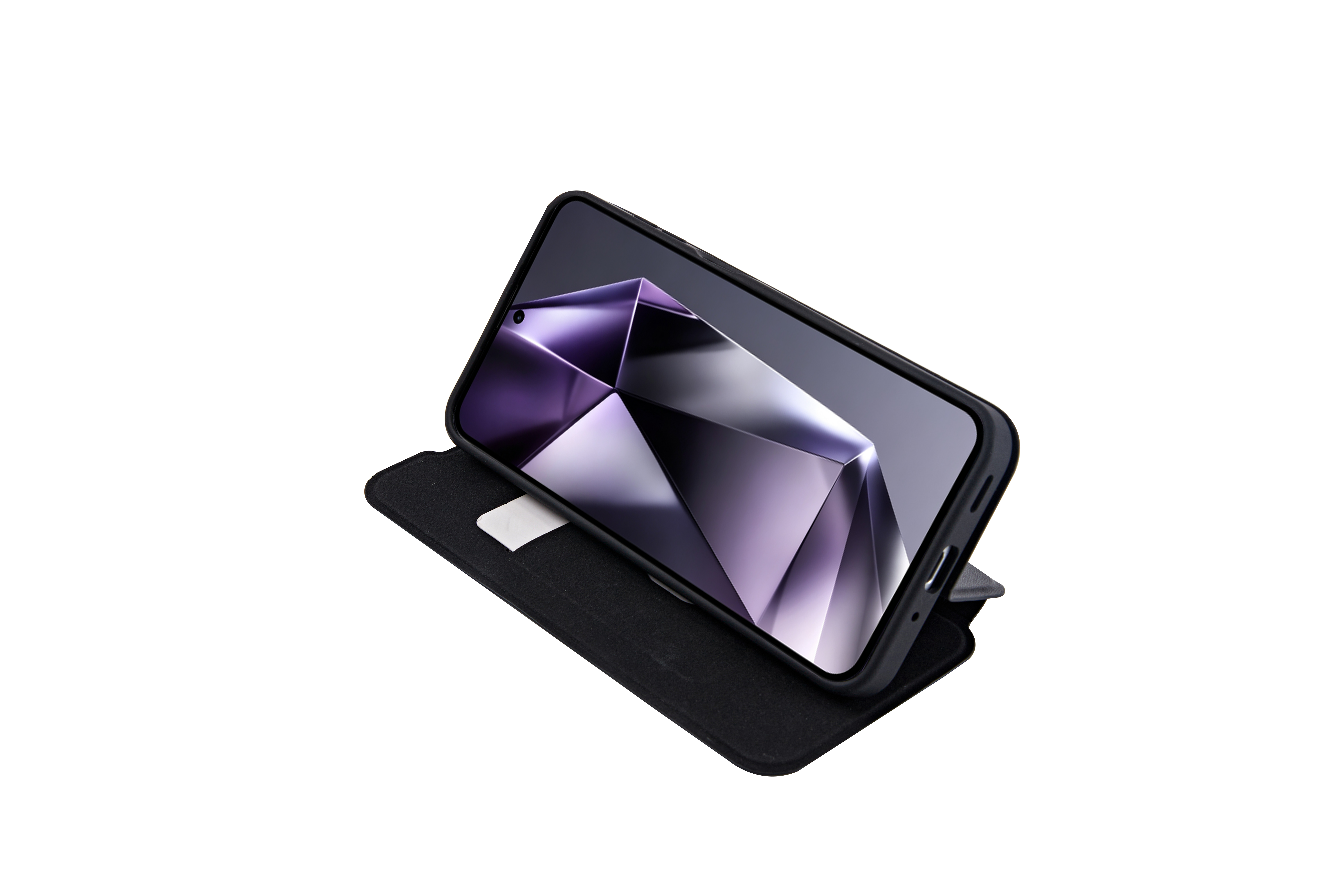 Ein Smartphone in schwarzer Hülle mit lila geometrischem Hintergrundbild steht vor schwarzem Hintergrund.