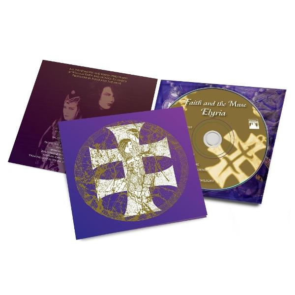 CD-Album Faith and the Muse - Elyria in violettem Design mit kreuzförmigem Symbol und Gold-CD.