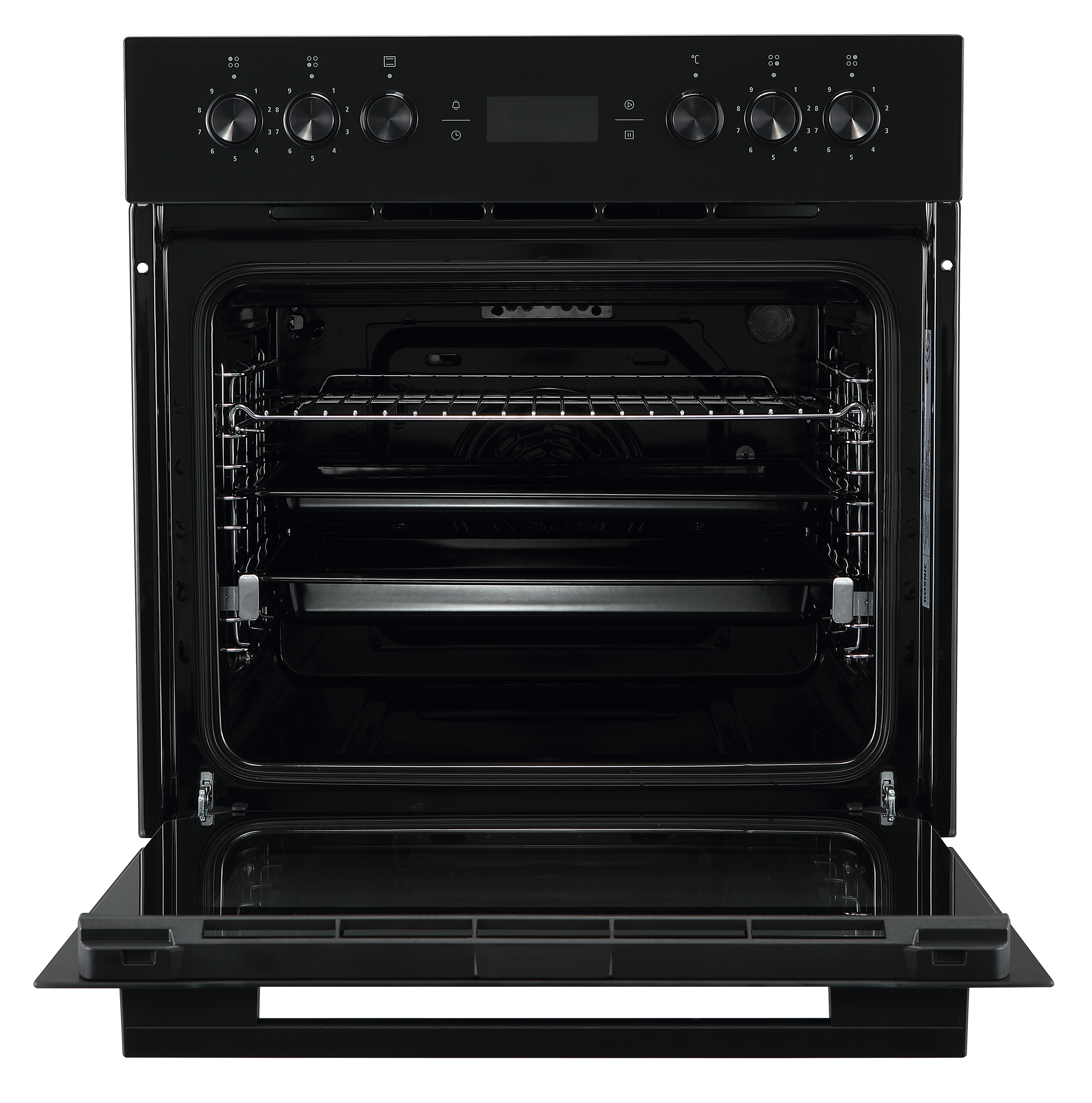 Schwarzer Backofen mit offener Tür, Metallrosten und Bedienknöpfen oben.