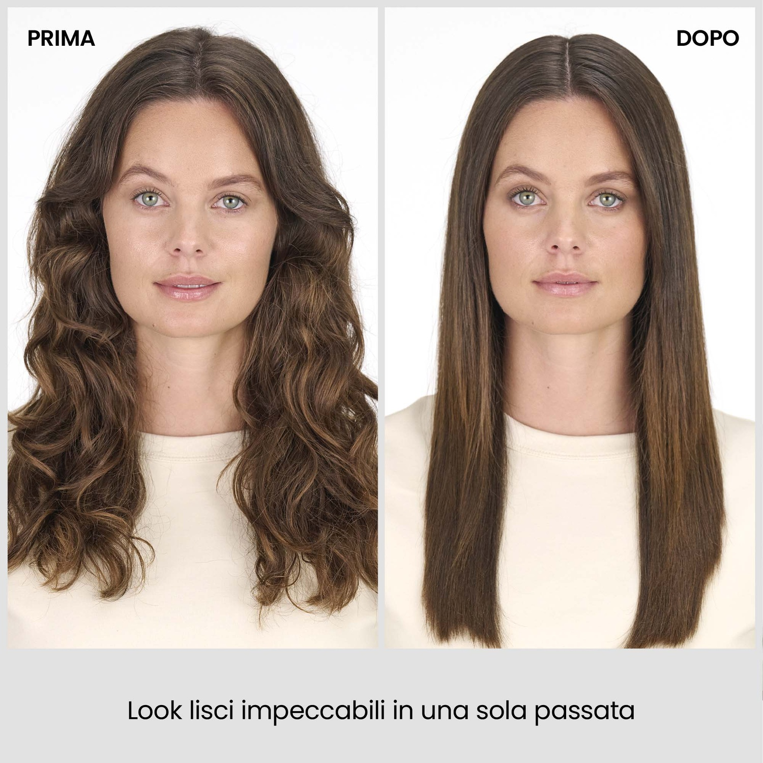 Confronto prima e dopo di una donna con capelli ricci e lisci.