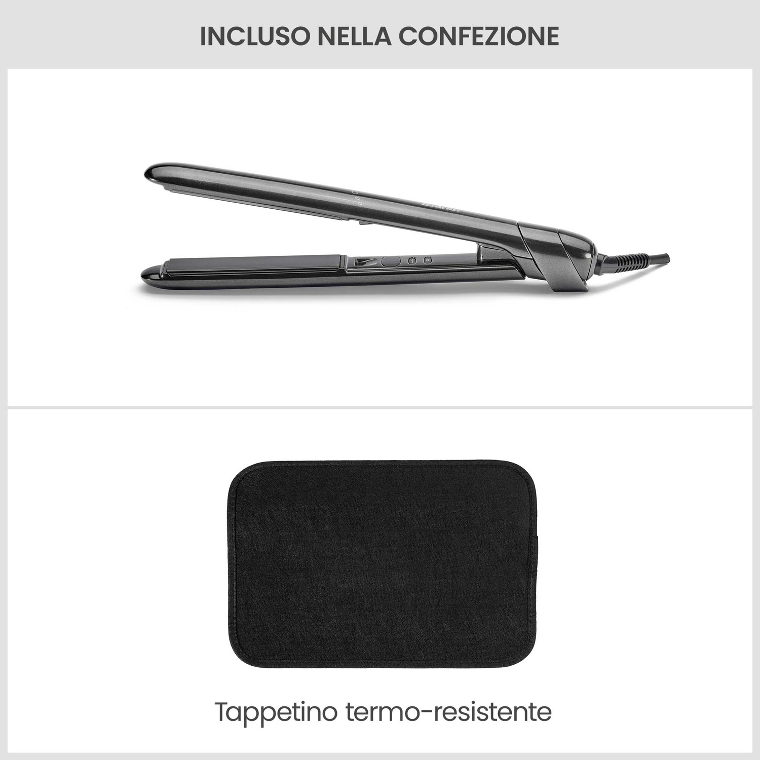 Piastra per capelli e tappetino termo-resistente.
