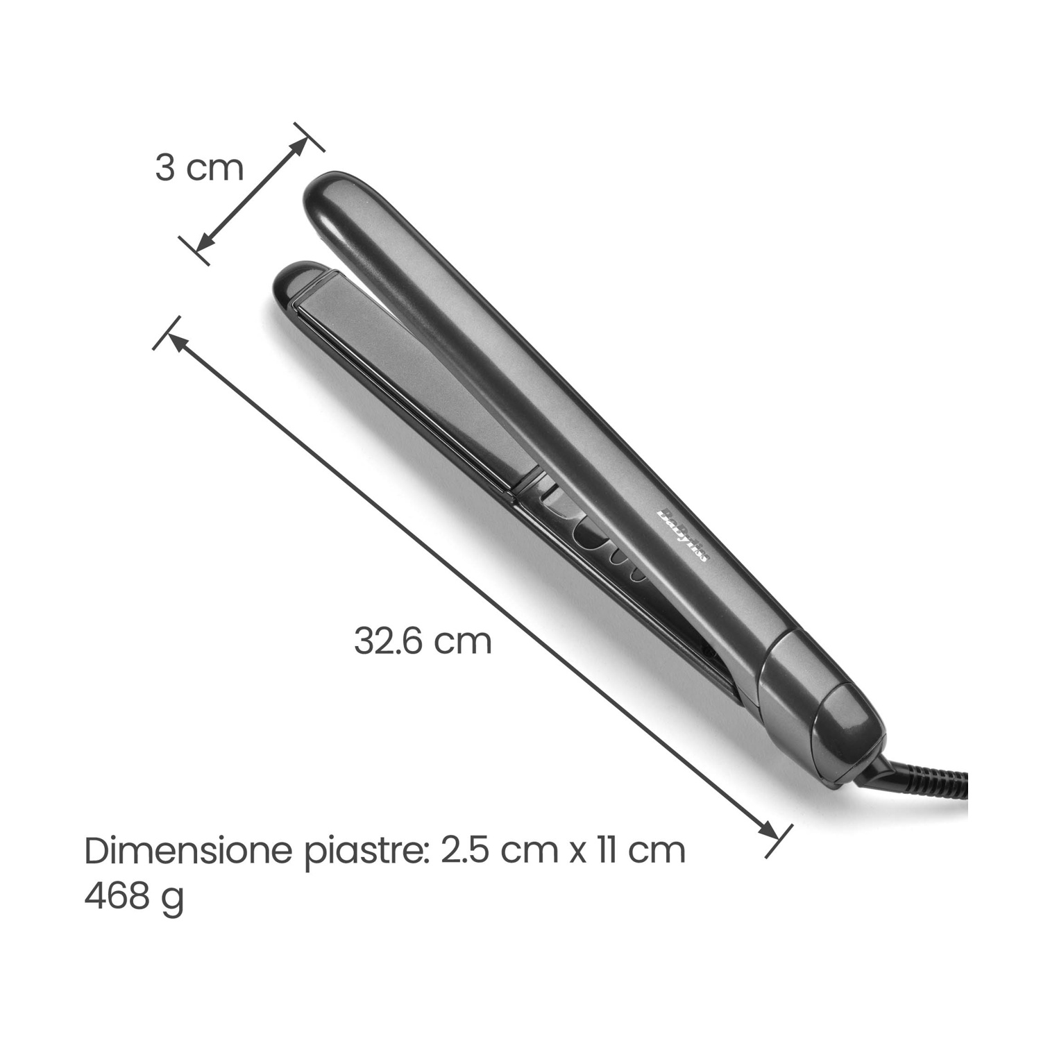 Piastra per capelli grigia su sfondo bianco con dimensioni di 32,6 cm di lunghezza, 3 cm di larghezza e 468 g di peso.