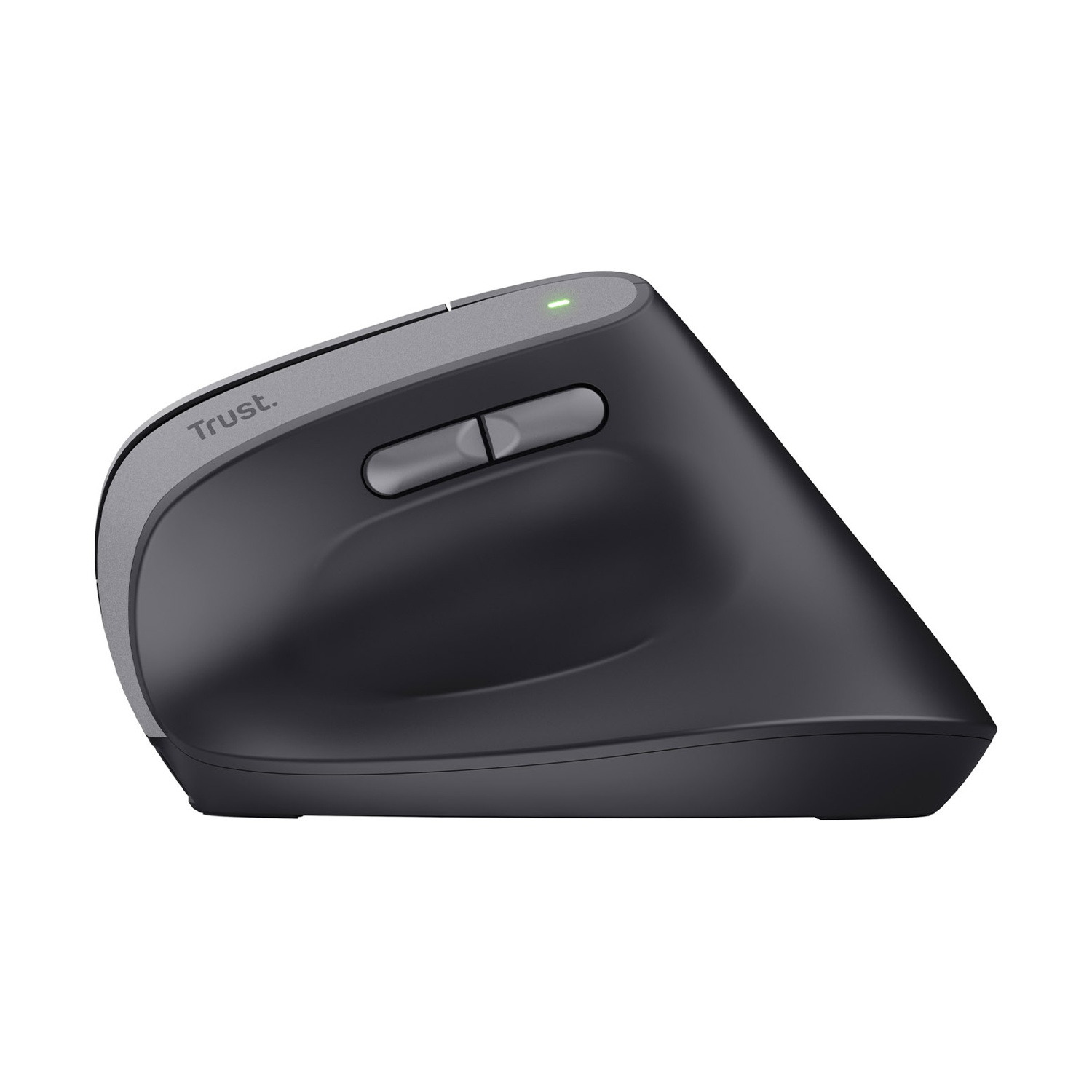 Un mouse verticale ergonomico nero e grigio con due pulsanti laterali e una piccola spia verde.