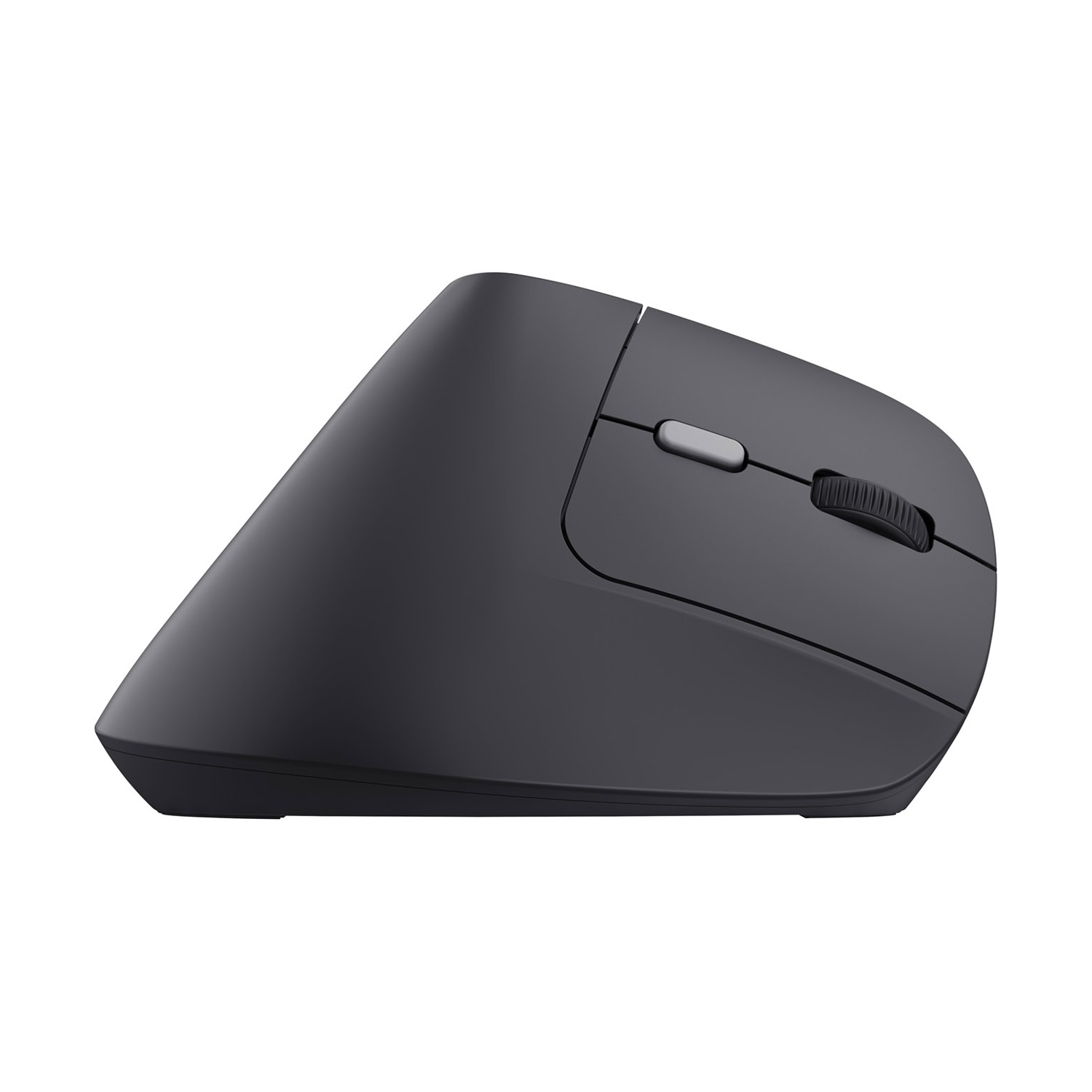 Un mouse per computer ergonomico nero opaco con rotellina di scorrimento e pulsanti su sfondo bianco.