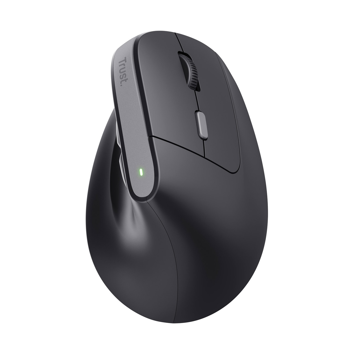 Mouse per computer ergonomico nero Trust con rotellina e luce accesa su sfondo bianco.