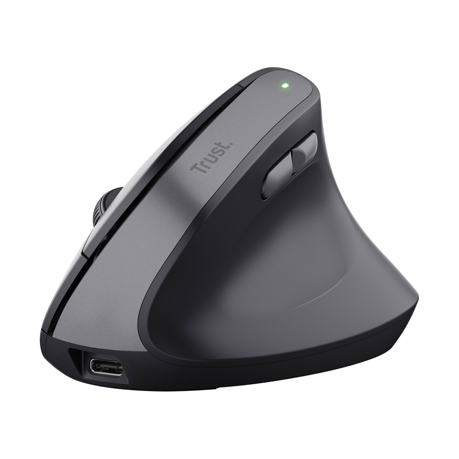 Mouse per computer ergonomico verticale nero di Trust con porta di ricarica e indicatore LED verde.