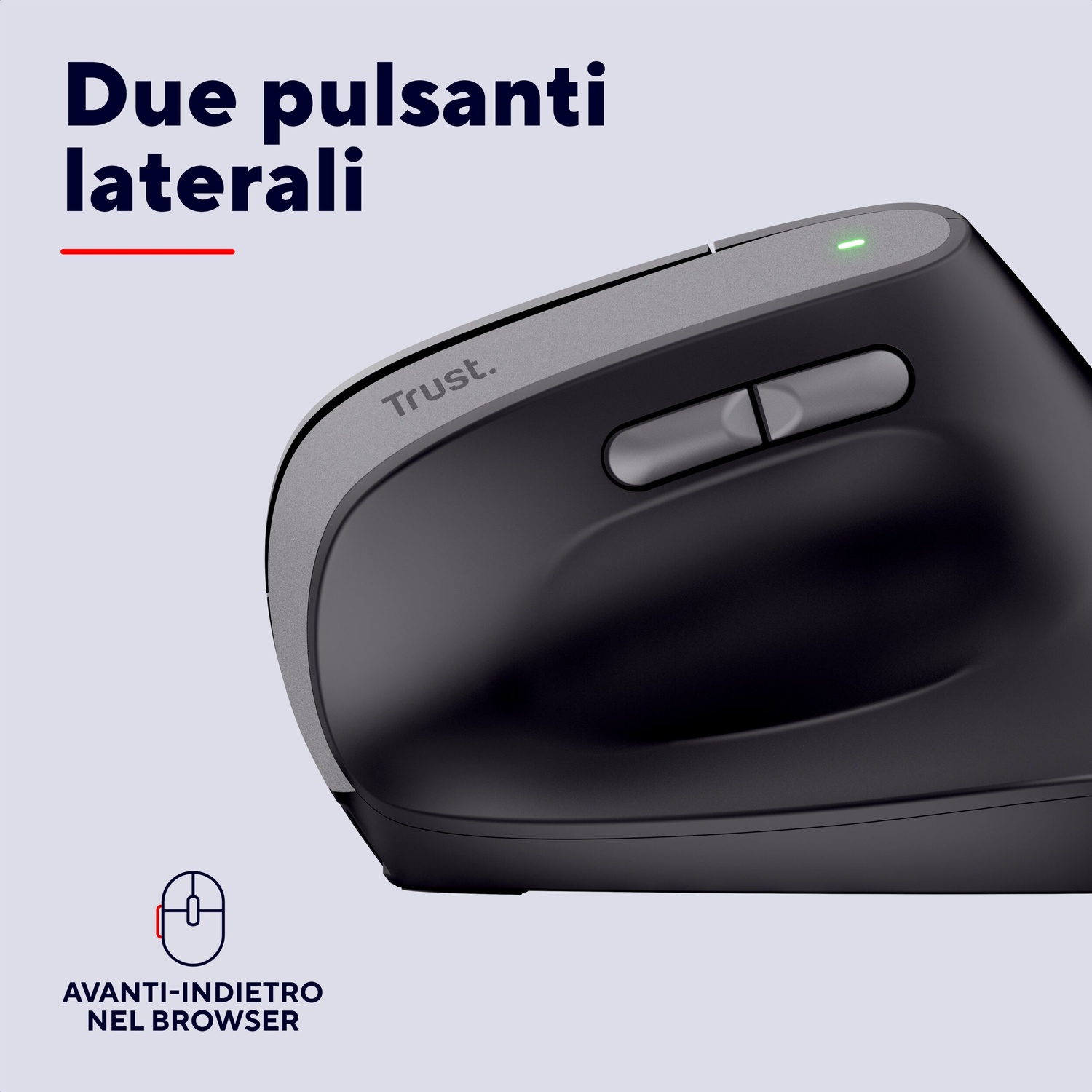Mouse wireless Trust nero con due pulsanti laterali per il pollice e LED verde.