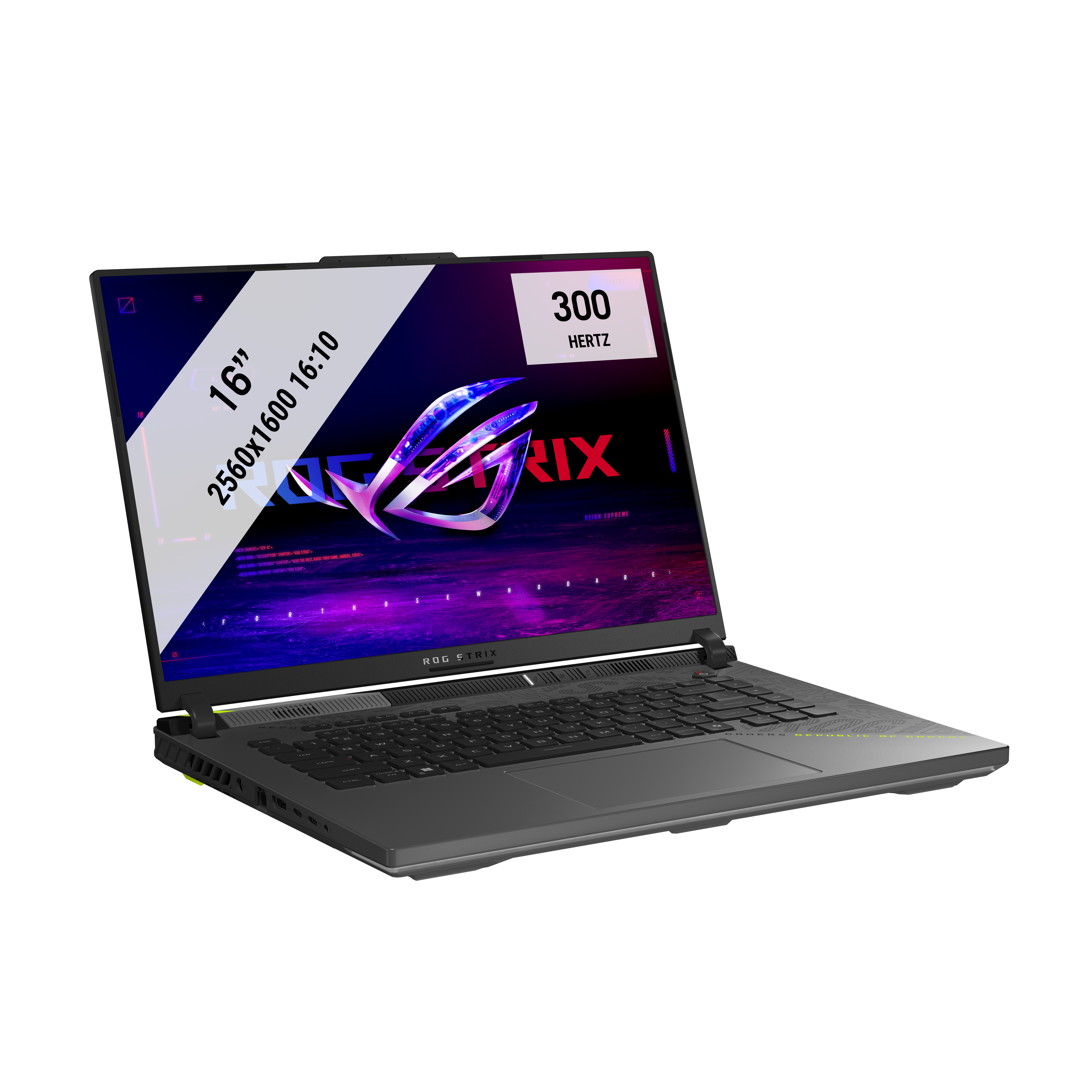 Ein offener ASUS ROG Strix Gaming-Laptop mit beleuchtetem Logo auf dem Bildschirm vor weißem Hintergrund.
