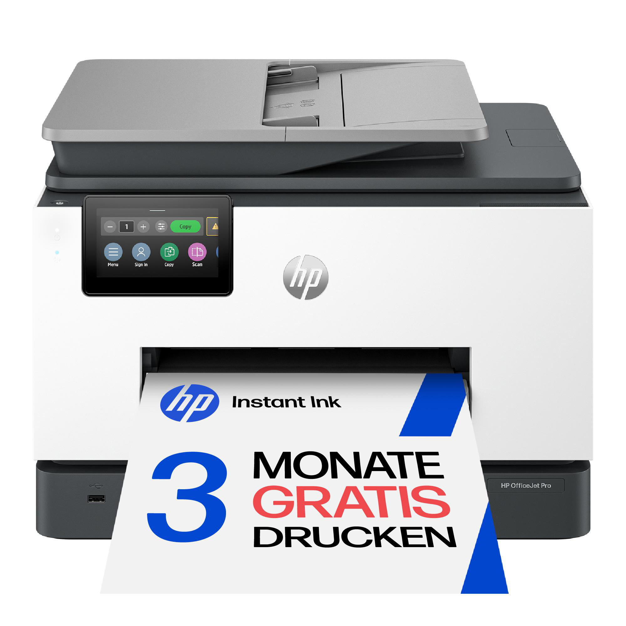 Ein weiß-schwarzer HP OfficeJet Pro Drucker druckt eine Seite mit der Aufschrift 3 MONATE GRATIS DRUCKEN.