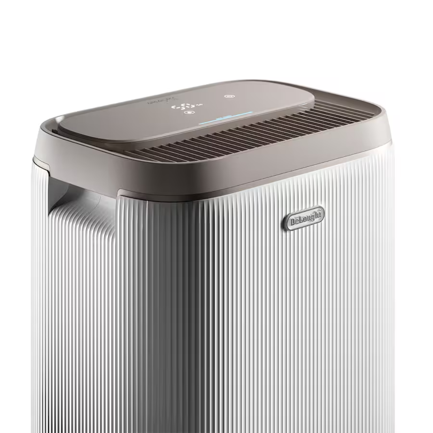 Un deshumidificador DeLonghi blanco con diseño acanalado y panel de control gris.
