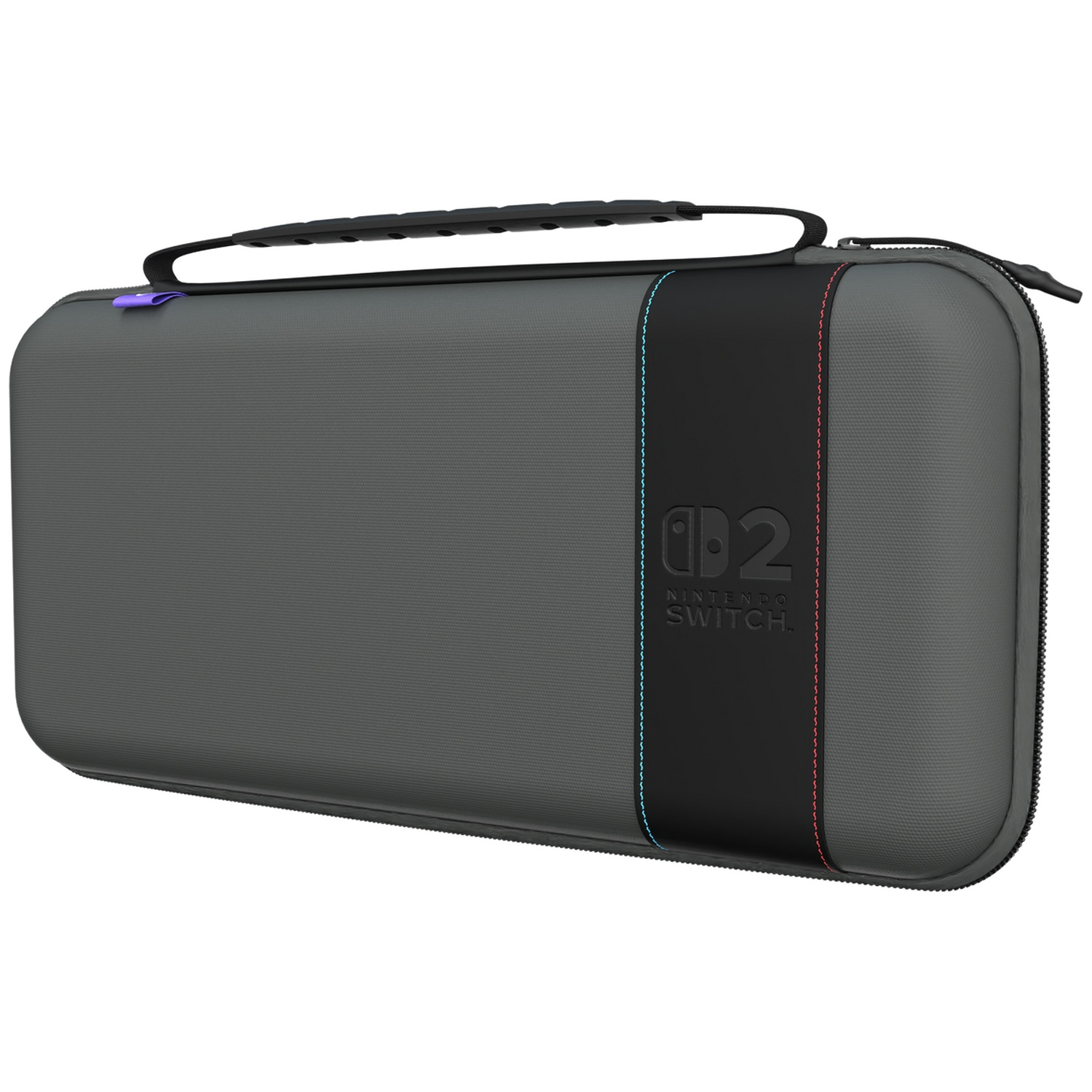 Gray Nintendo Switch carrying case with a black center stripe and handle on a white background.