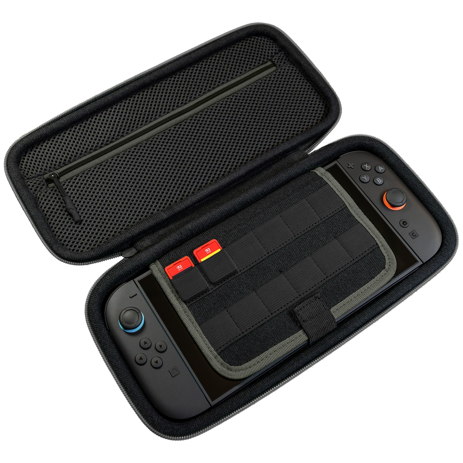 An open black carrying case holding a Nintendo Switch console and two red memory cards in a flap.