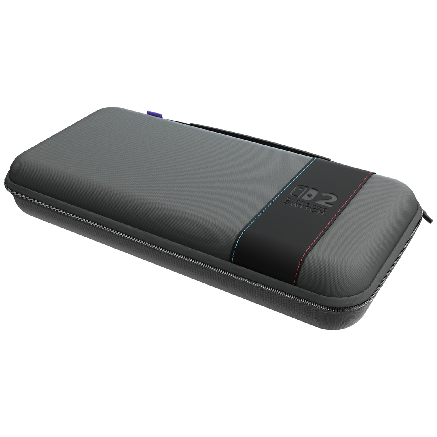A grey Nintendo Switch 2 carrying case with a black band and zipper on a white background.