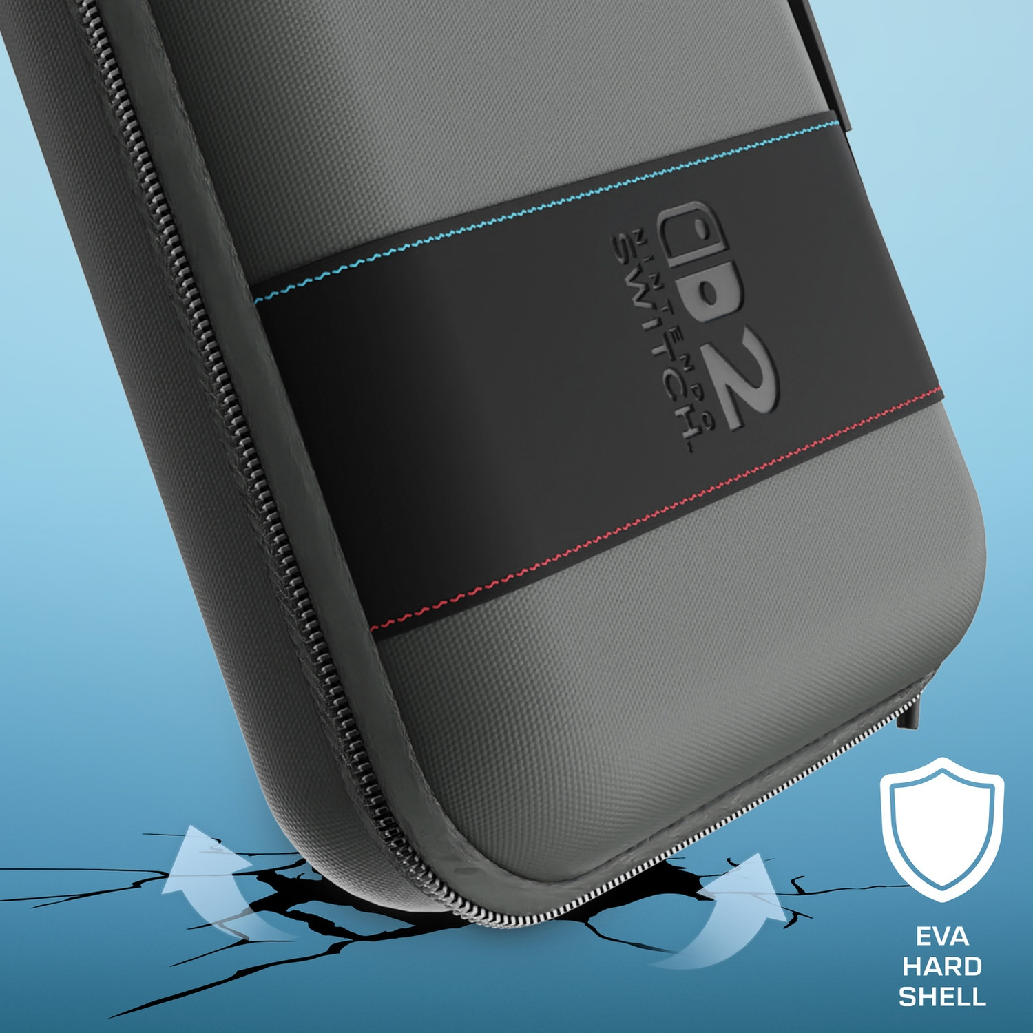 Gray Nintendo Switch case with black stripe and protective shield icon on blue background.
