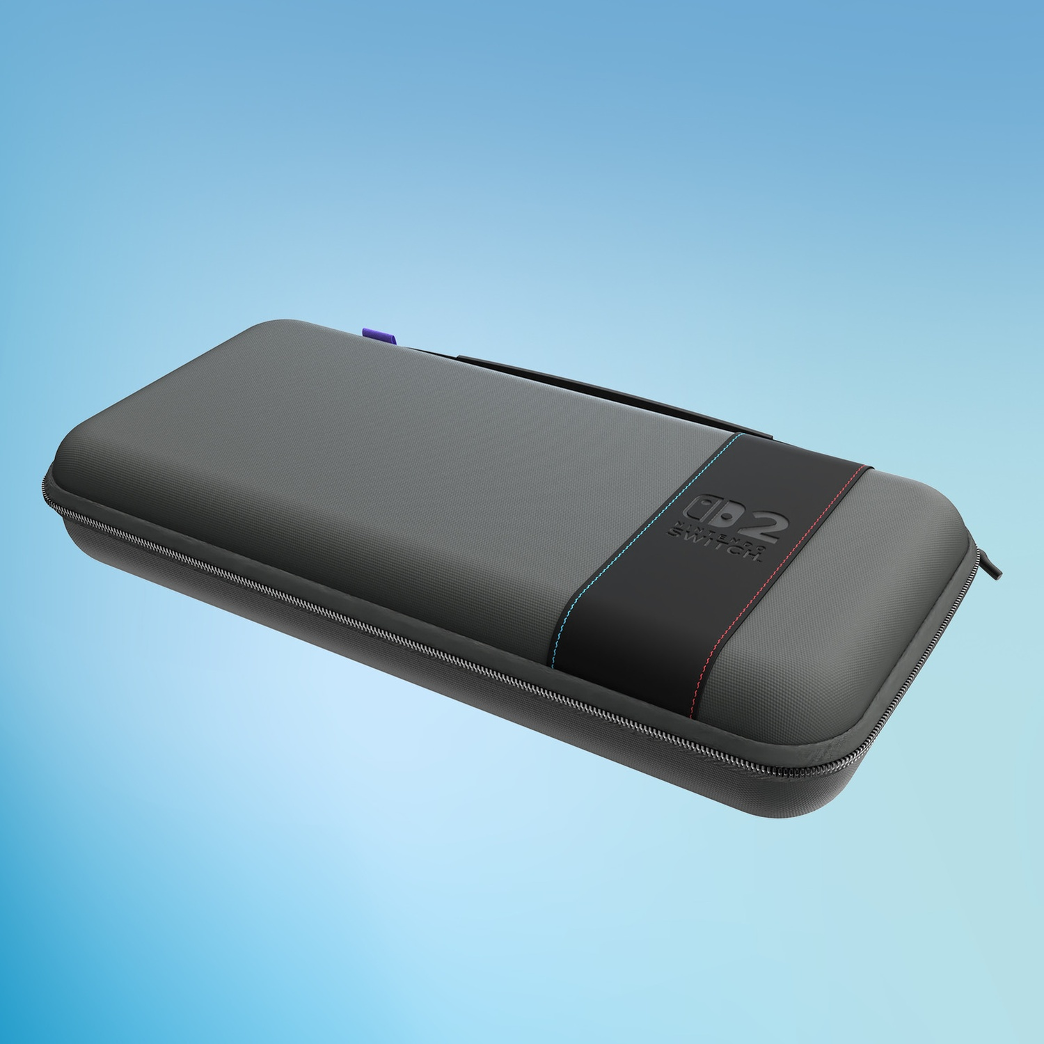 Gray Nintendo Switch case with a black band and blue-red stitching against a blue background.