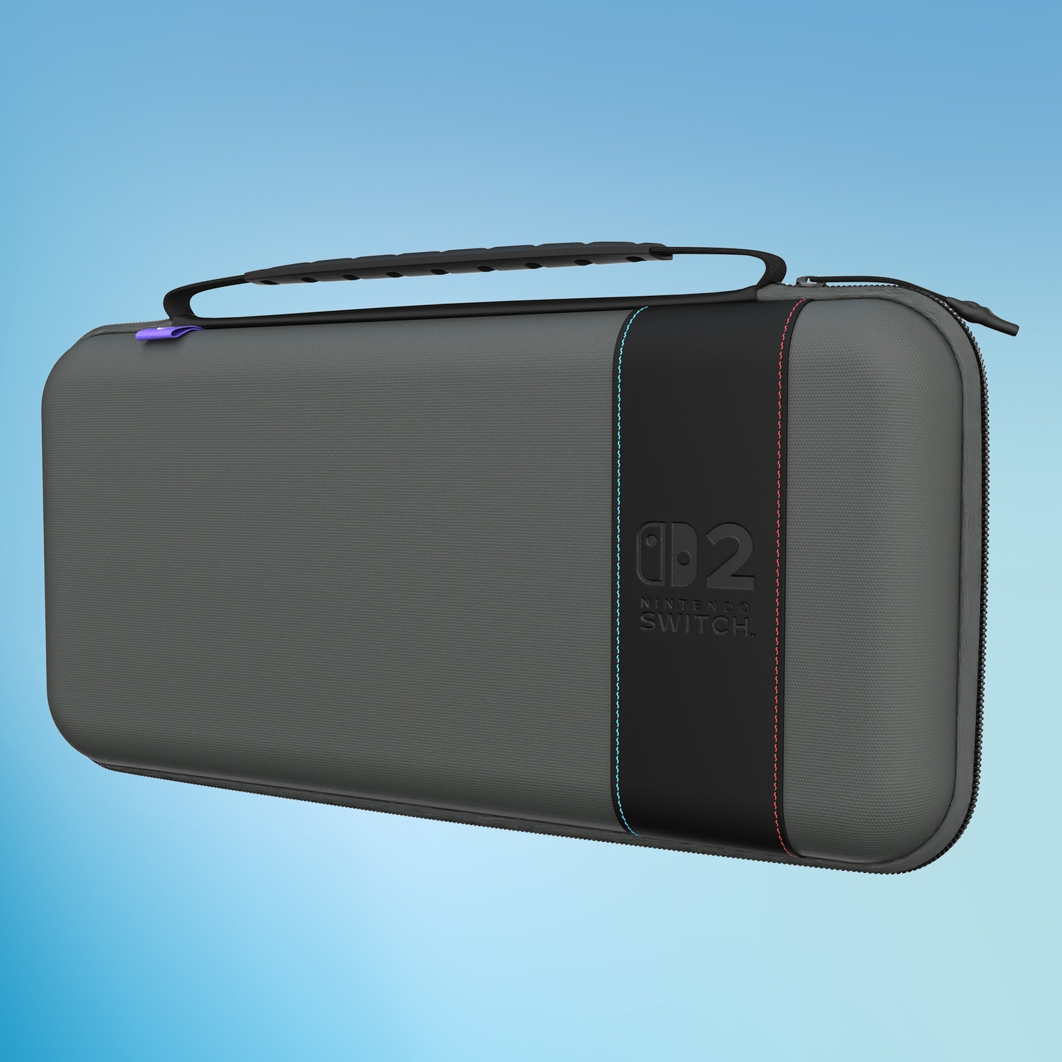 Gray Nintendo Switch 2 carrying case with a handle and black stripe.