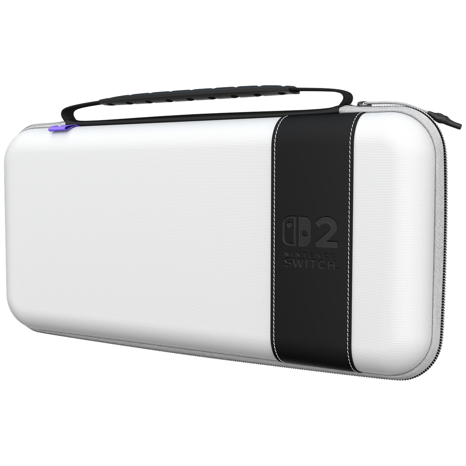 A white Nintendo Switch 2 carrying case with a black handle and black stripe.