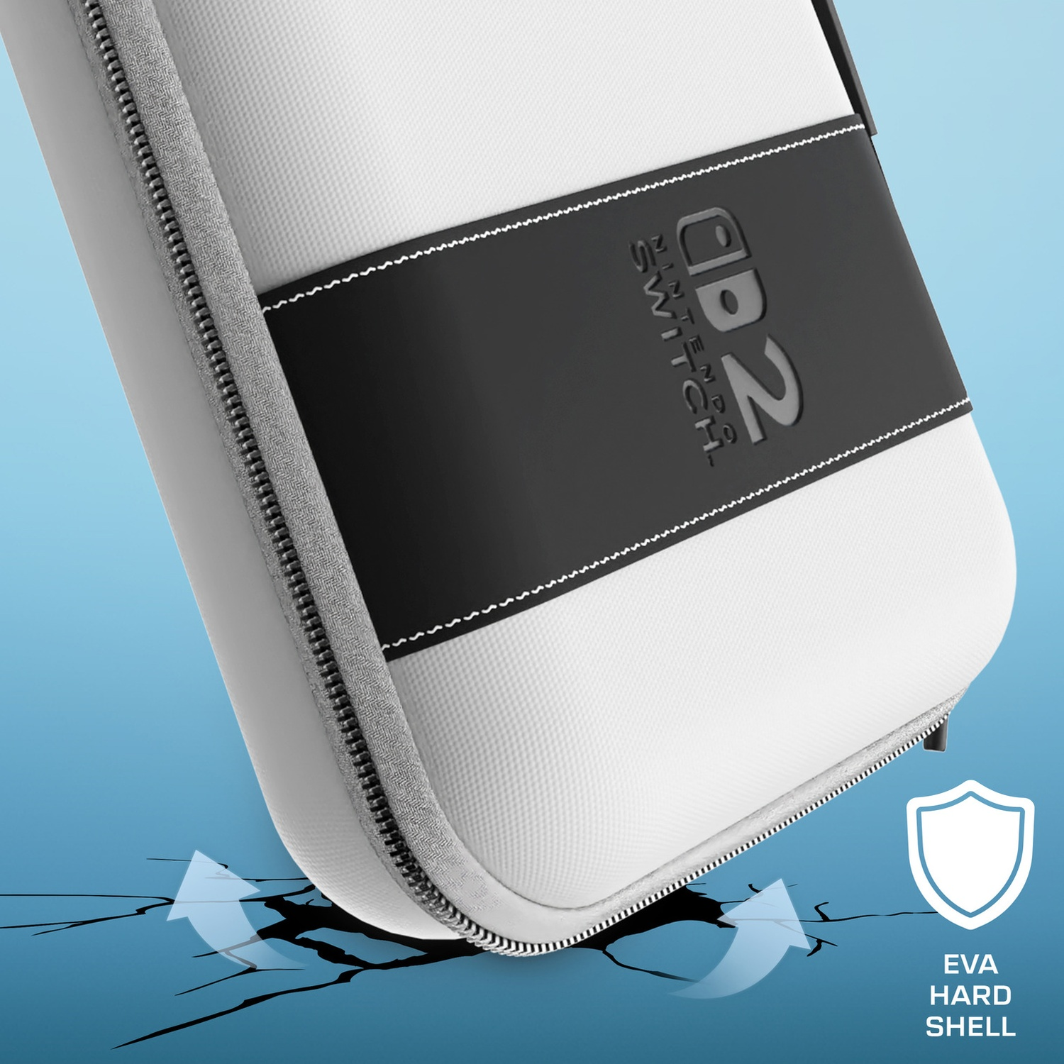A white and black Nintendo Switch hard shell case with a zipper against a blue background.