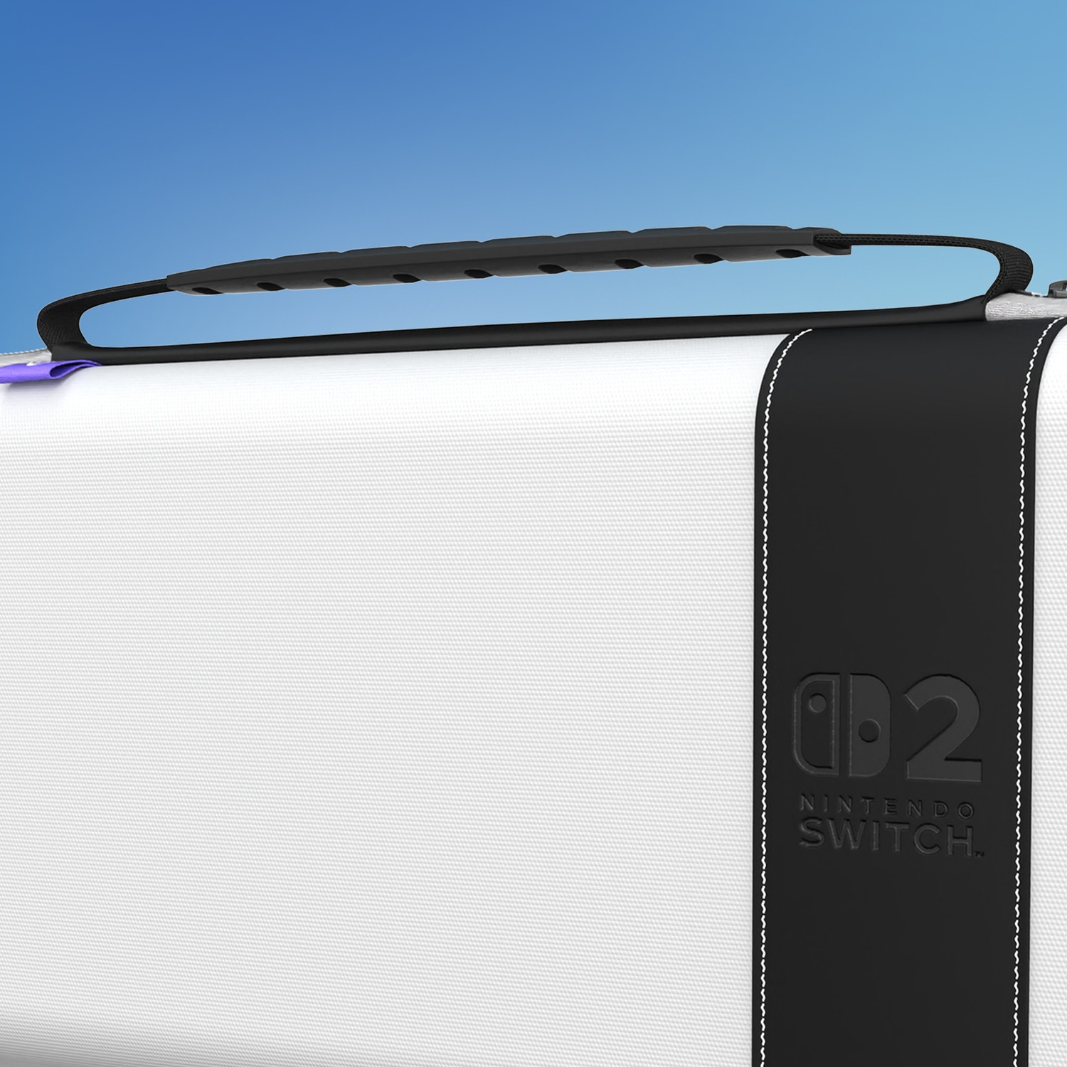 A white Nintendo Switch 2 case with a black handle and logo against a blue background.