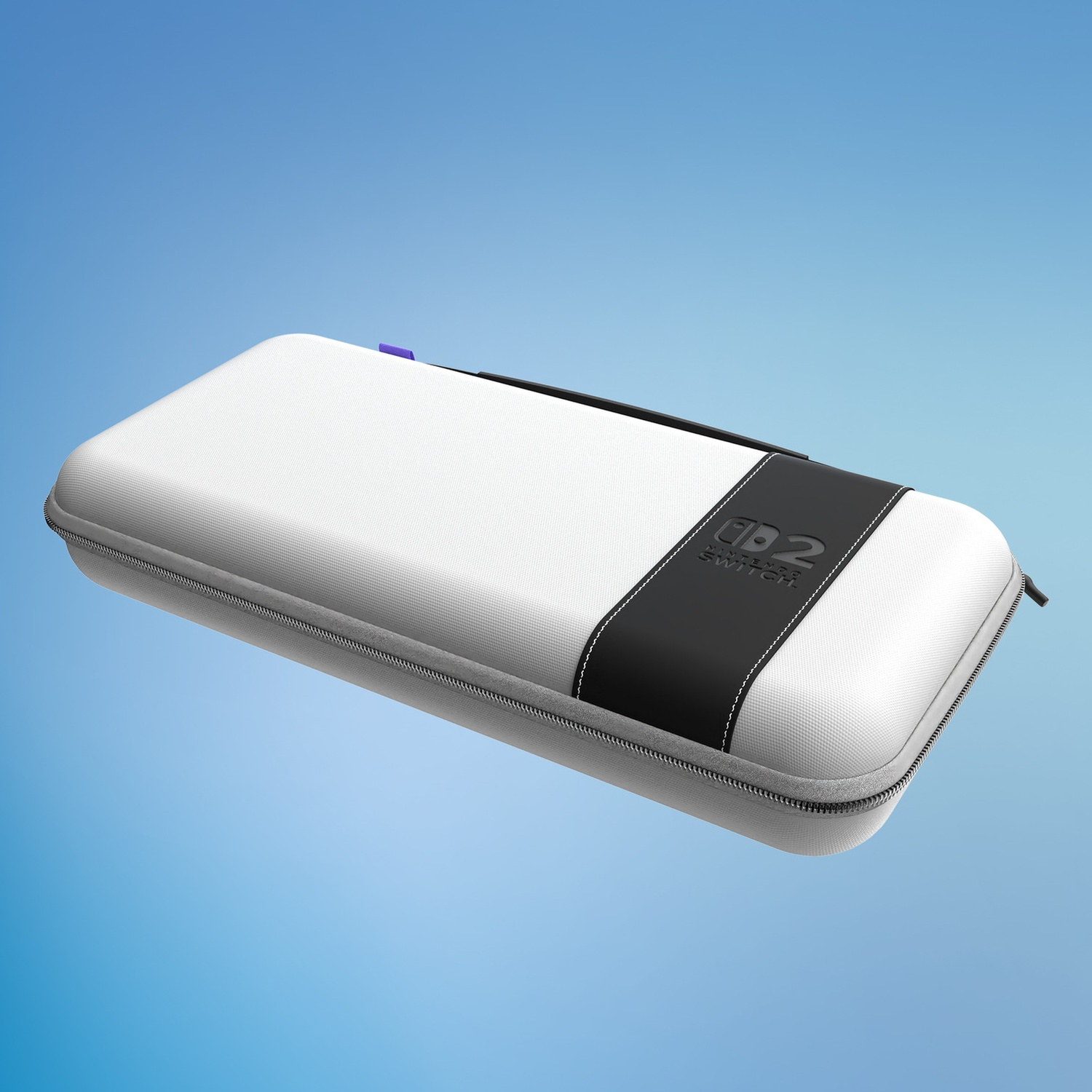 A white Nintendo Switch 2 hard carrying case with a black stripe against a blue background.
