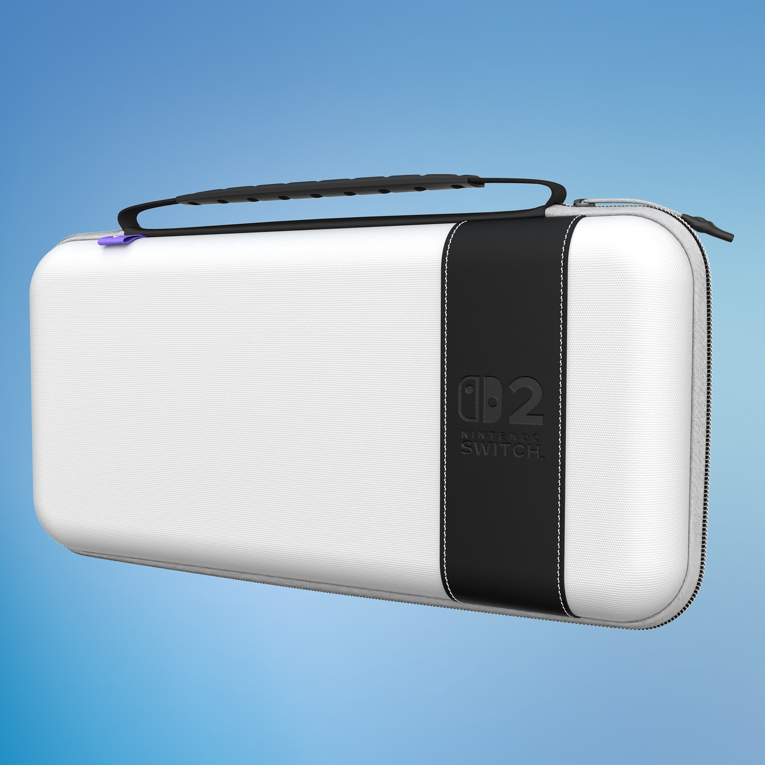 White Nintendo Switch 2 hard carrying case with a black stripe, handle, and zipper against a blue gradient background.