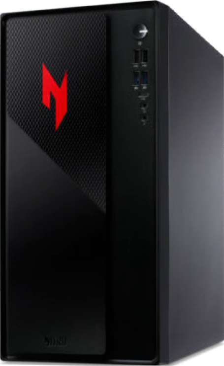 Schwarzer Acer Nitro Desktop-PC mit rotem Logo, USB-Anschlüssen und Power-Knopf vorne.